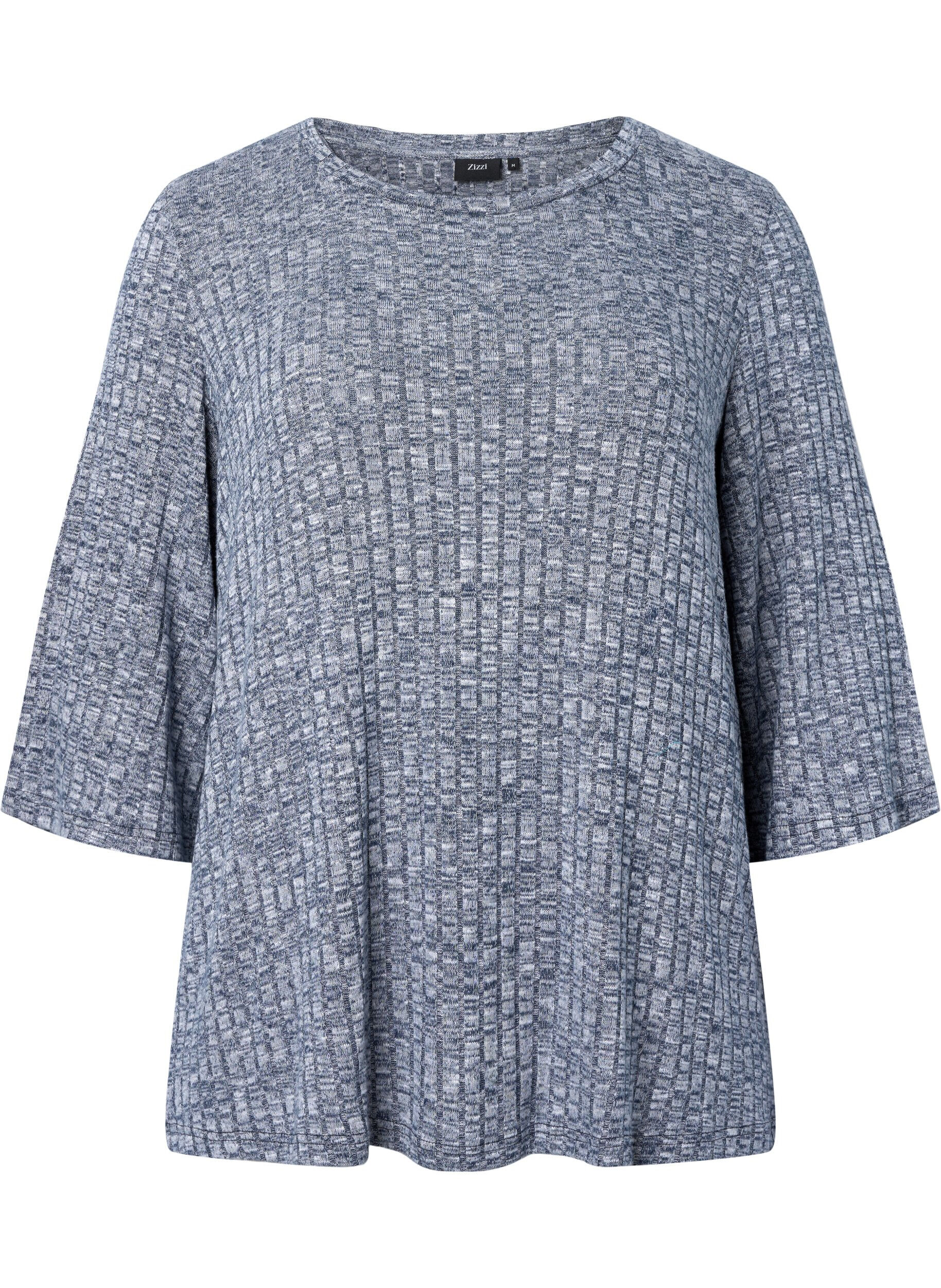 Zizzi Blouse m&eacute;lang&eacute;e avec col rond et manches 3/4, Dress Blues Mel., Packshot image number 0