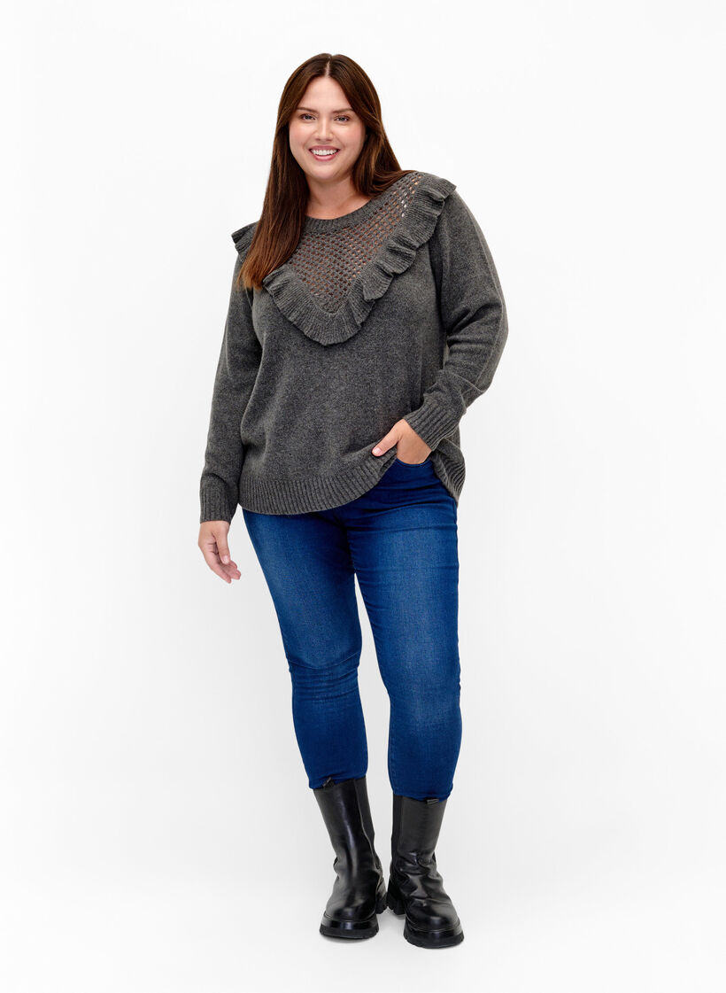 Pull en laine tricoté avec jabots, Dark Grey Melange, Model image number 2