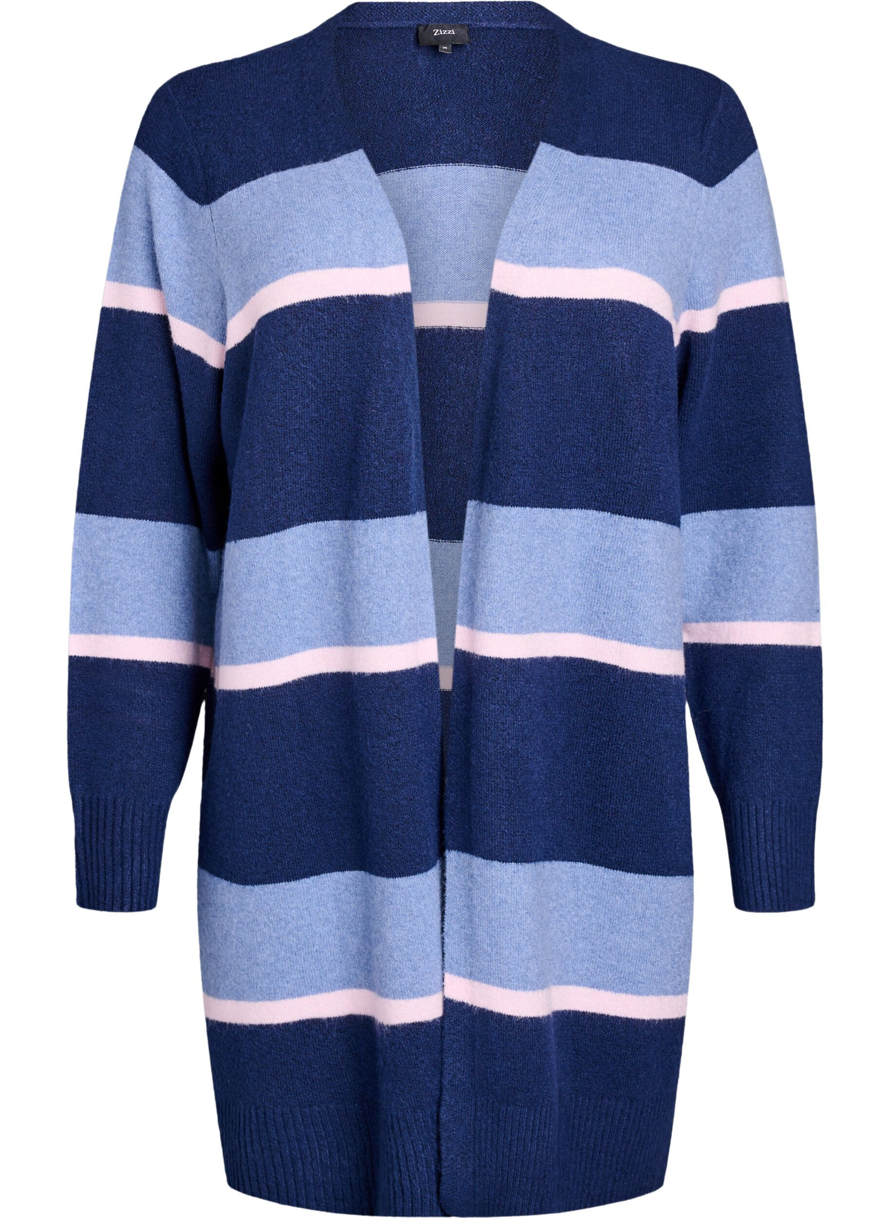 Zizzi Cardigan long en tricot avec rayures larges, Bleu, Packshot image number 0