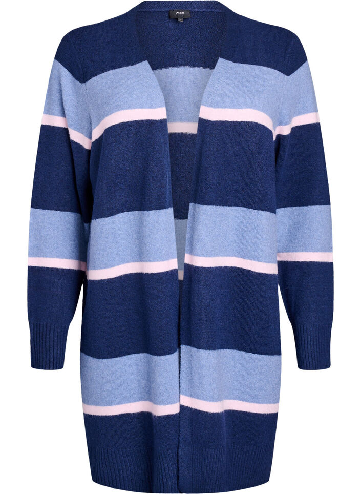 Cardigan long en tricot avec rayures larges, Bleu, Packshot image number 0