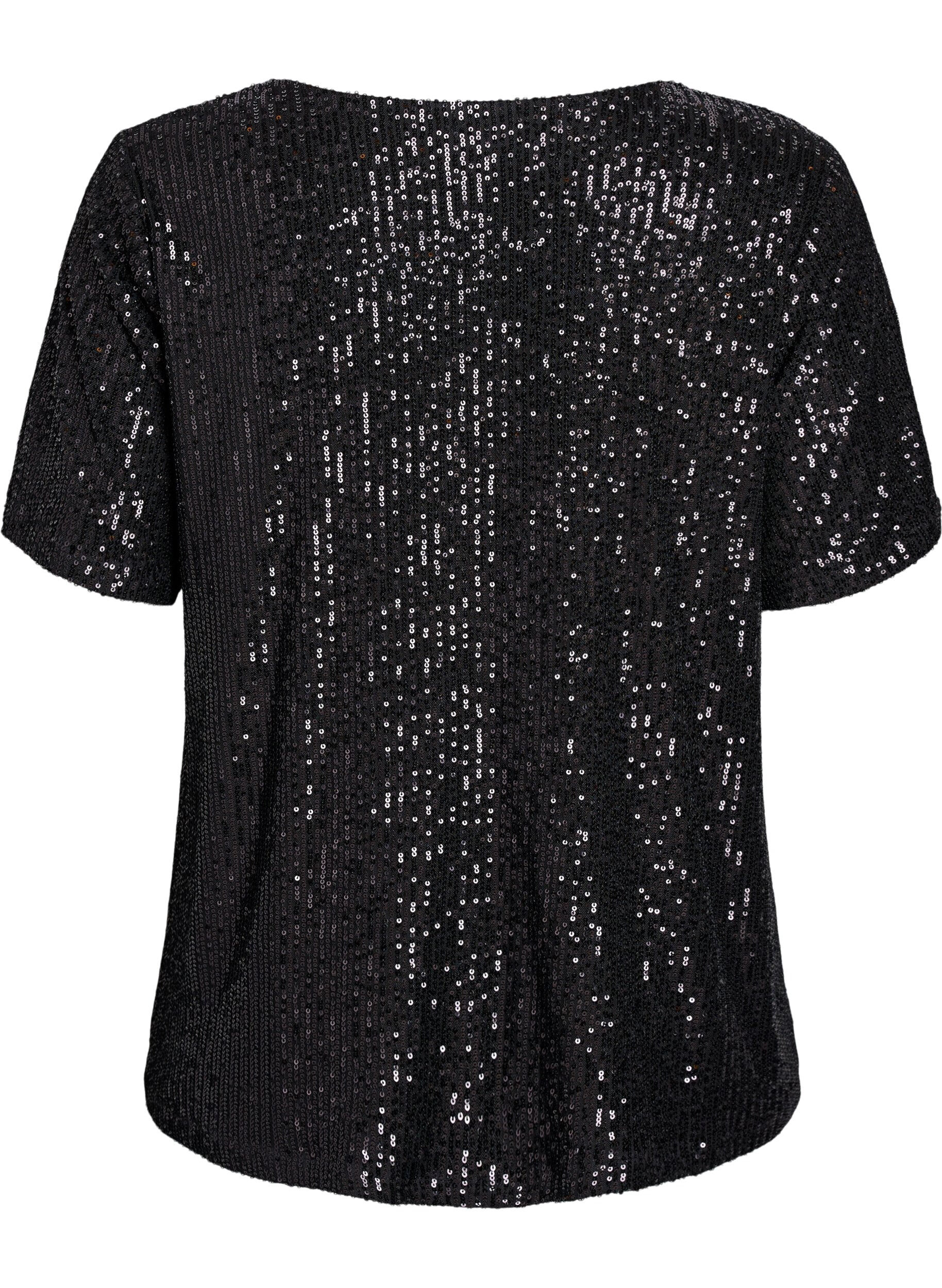 Zizzi Blouse &agrave; paillettes avec col en V et manches courtes, Noir, Packshot image number 1