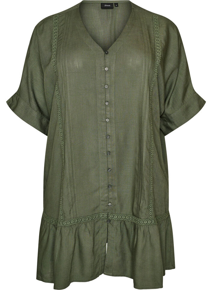 Tunique en viscose avec boutons et ourlet &agrave; volants, Vert, Packshot image number 0
