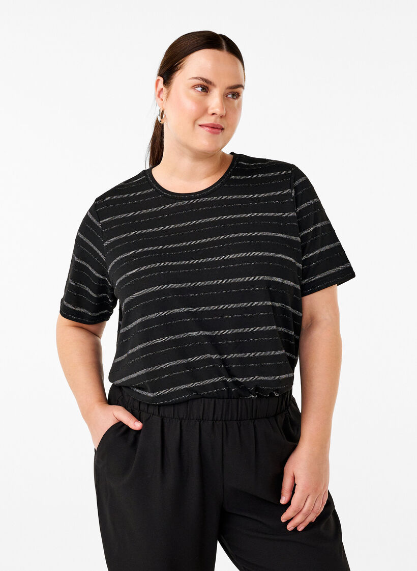 T-shirt avec paillettes argentées, Black w. Silver, Model image number 0