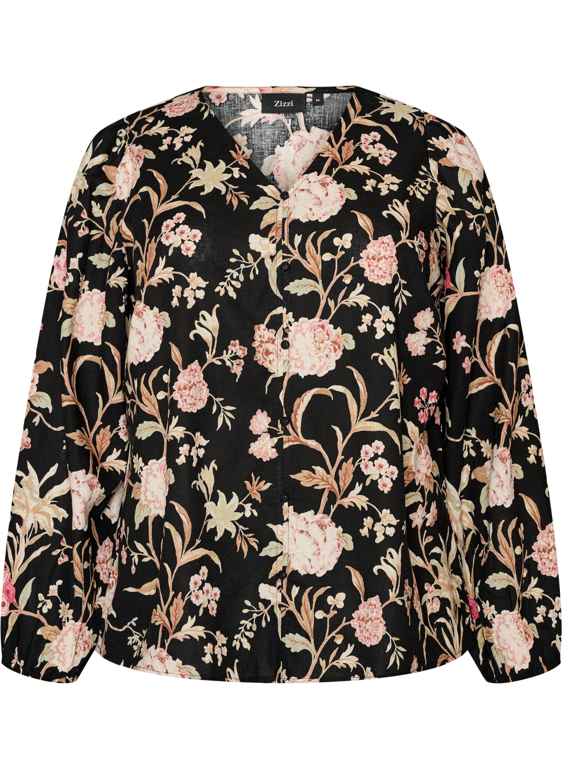 ZizziBlouse fleurie en lin et viscose &agrave; manches longues, Noir, Packshot image number 0