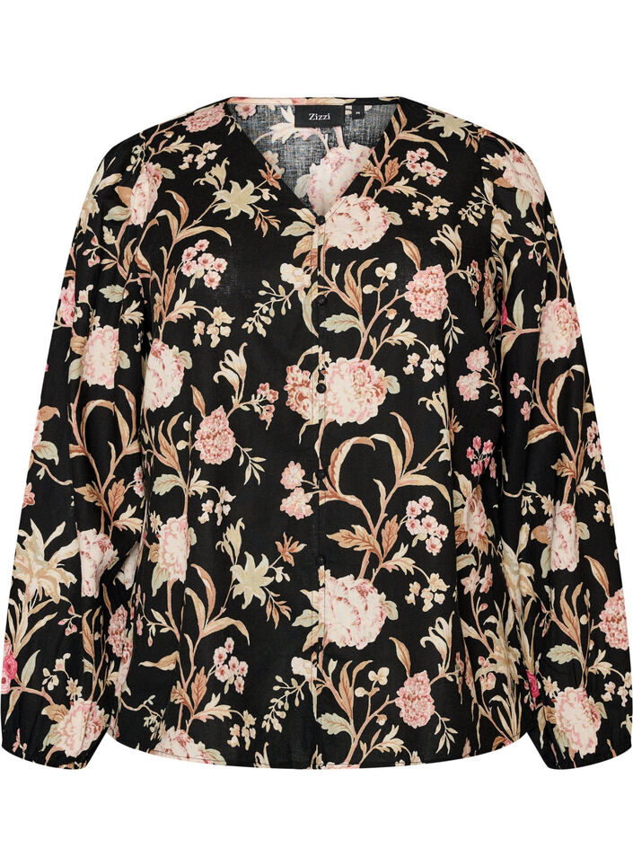 Blouse fleurie en lin et viscose &agrave; manches longues, Noir, Packshot image number 0