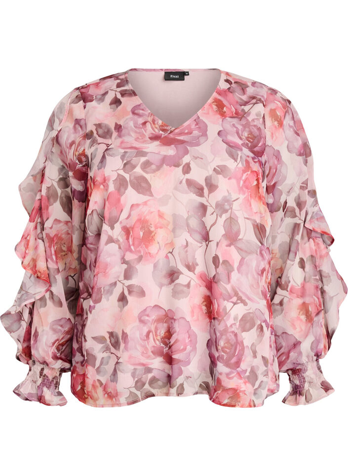 Blouse fleurie avec col en V et manches &agrave; volants, Rose, Packshot