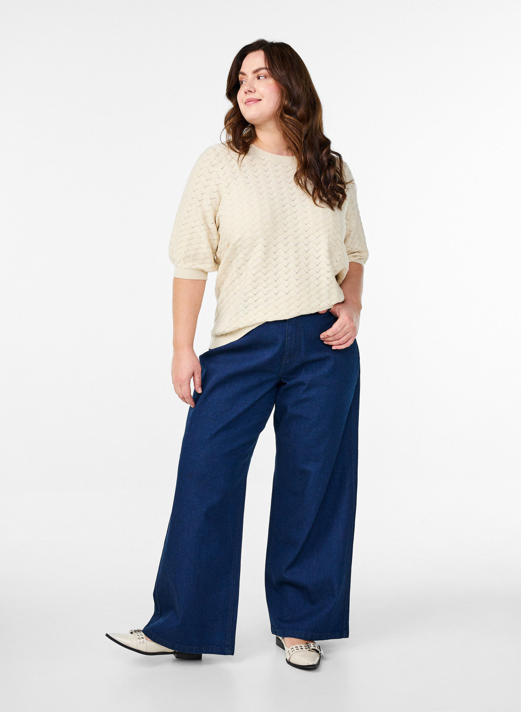 Zizzi Chemisier en tricot avec motif ajour&eacute; et manches courtes, Birch Mel., Model image number 2