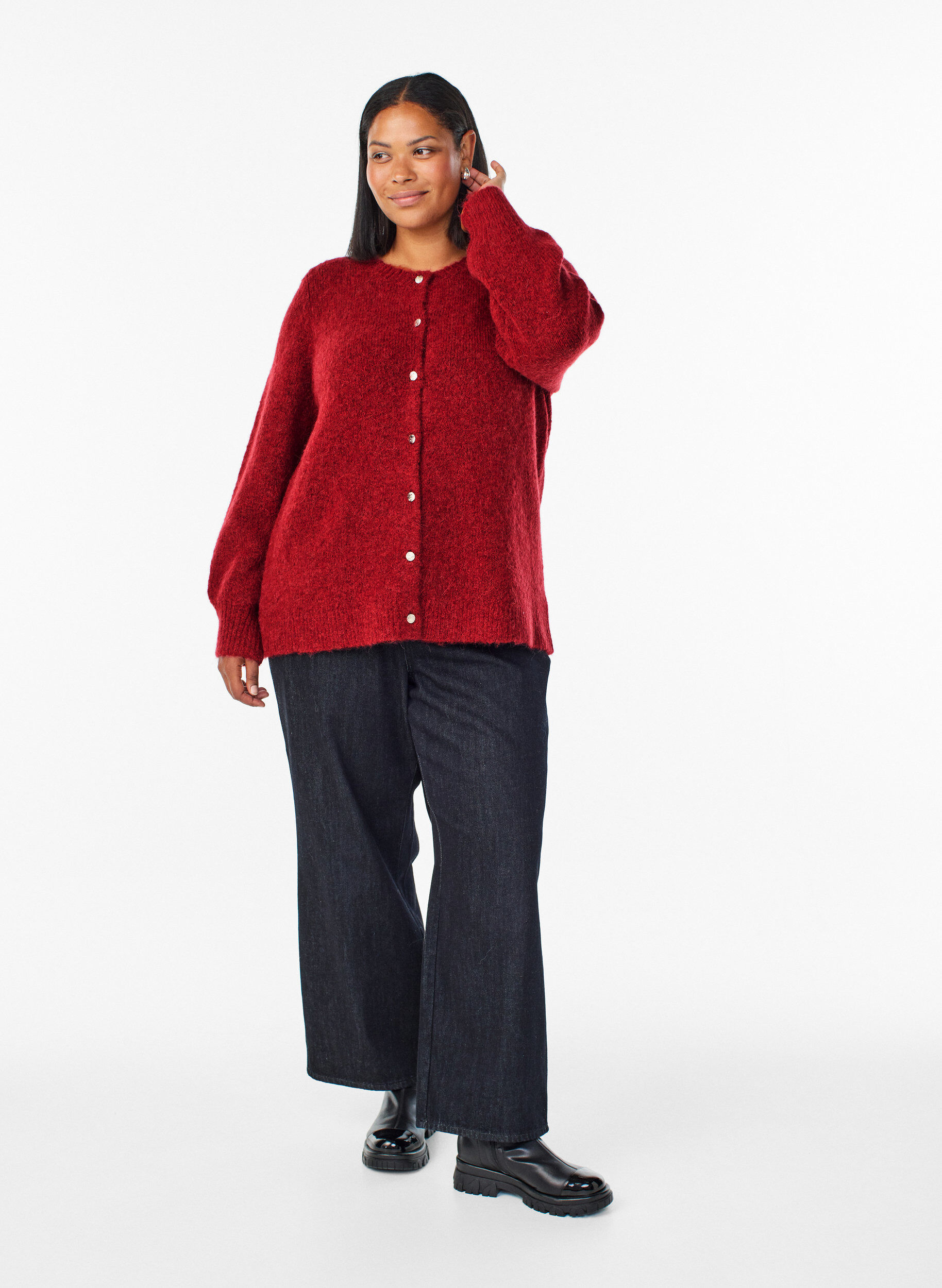 Zizzi Cardigan en laine et alpaga avec boutons d&eacute;coratifs, Rouge, Model image number 1