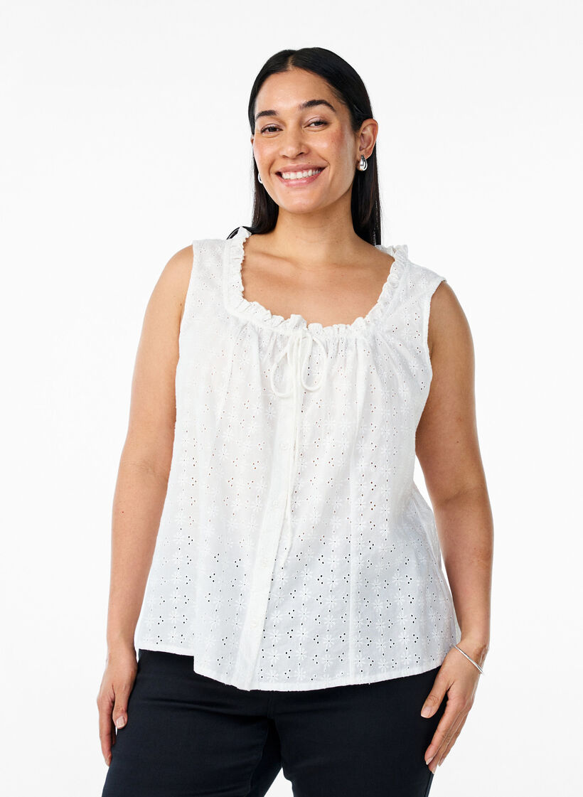 Chemisier sans manches avec broderie anglaise et volants, Vanille, Model image number 0