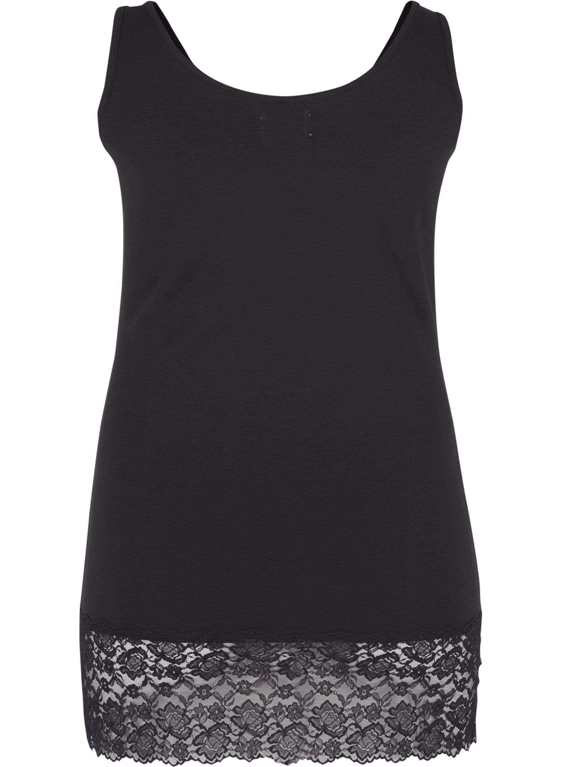Zizzi Long top en coton avec bordure en dentelle, Black, Packshot image number 1
