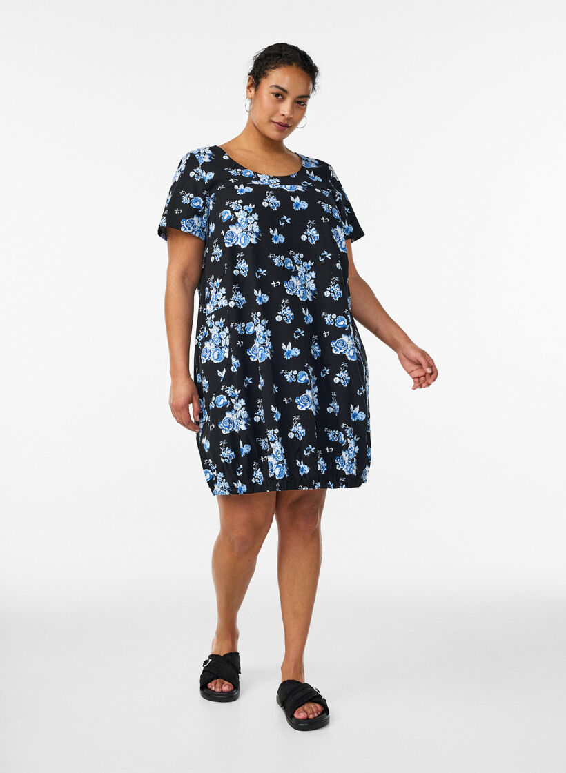 Robe en coton &agrave; manches courtes avec imprim&eacute;, Noir, Model image number 1