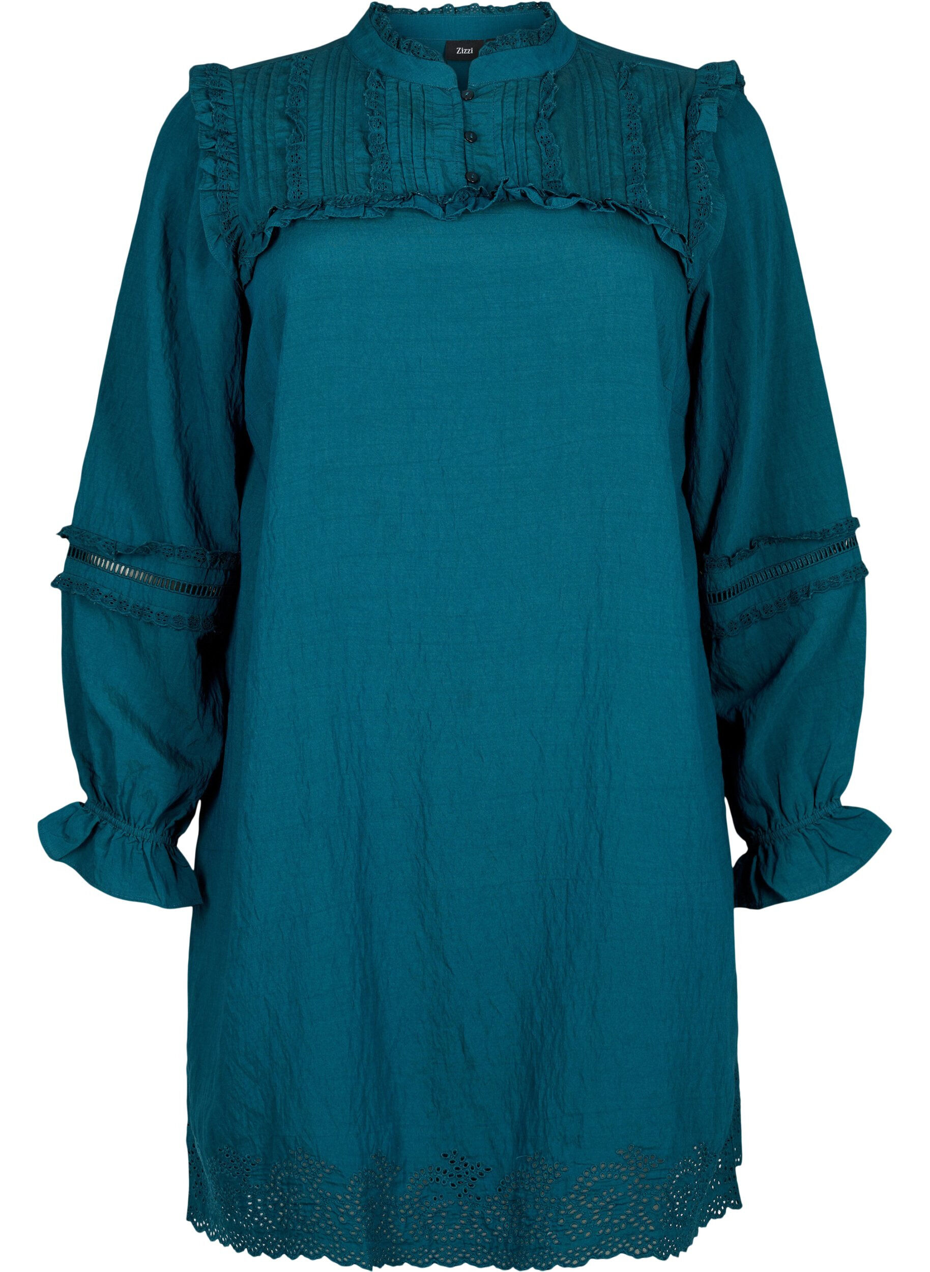 Zizzi Robe en viscose avec broderie anglaise et volants, Reflecting Pond, Packshot image number 0