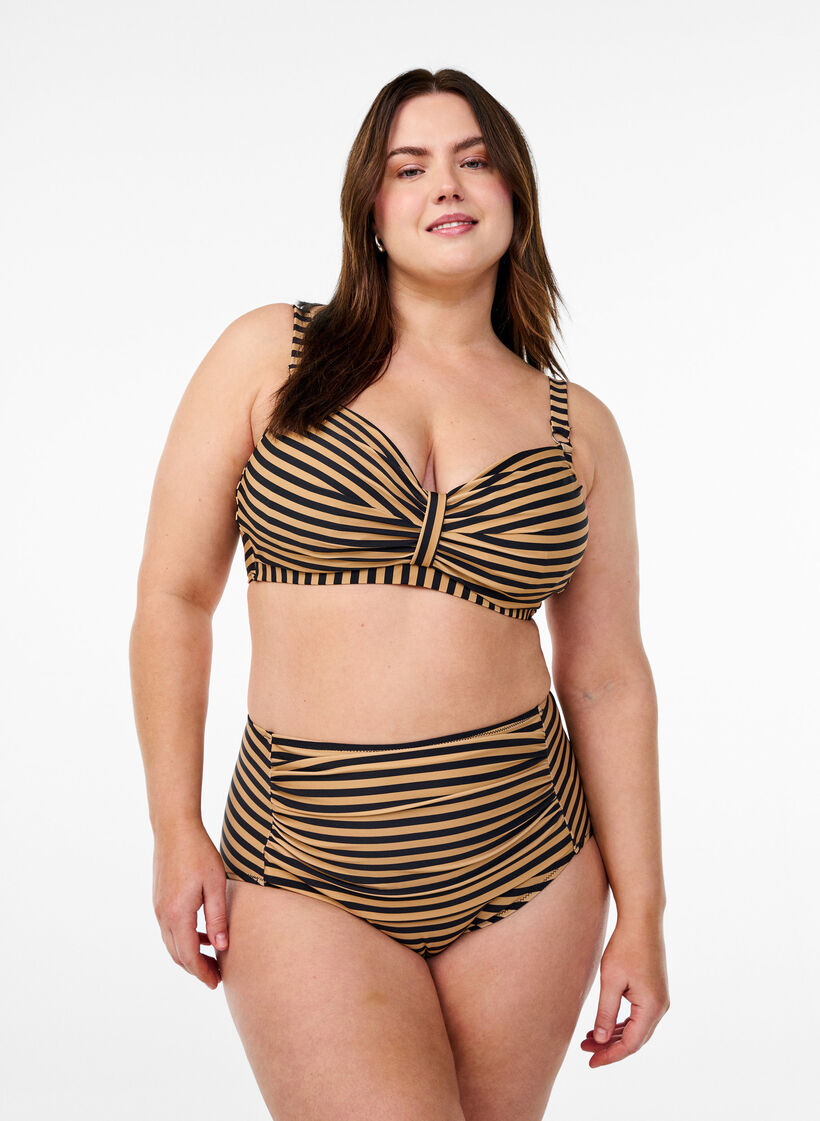 Culotte de bikini taille haute &agrave; rayures, Camel, Model image number 0