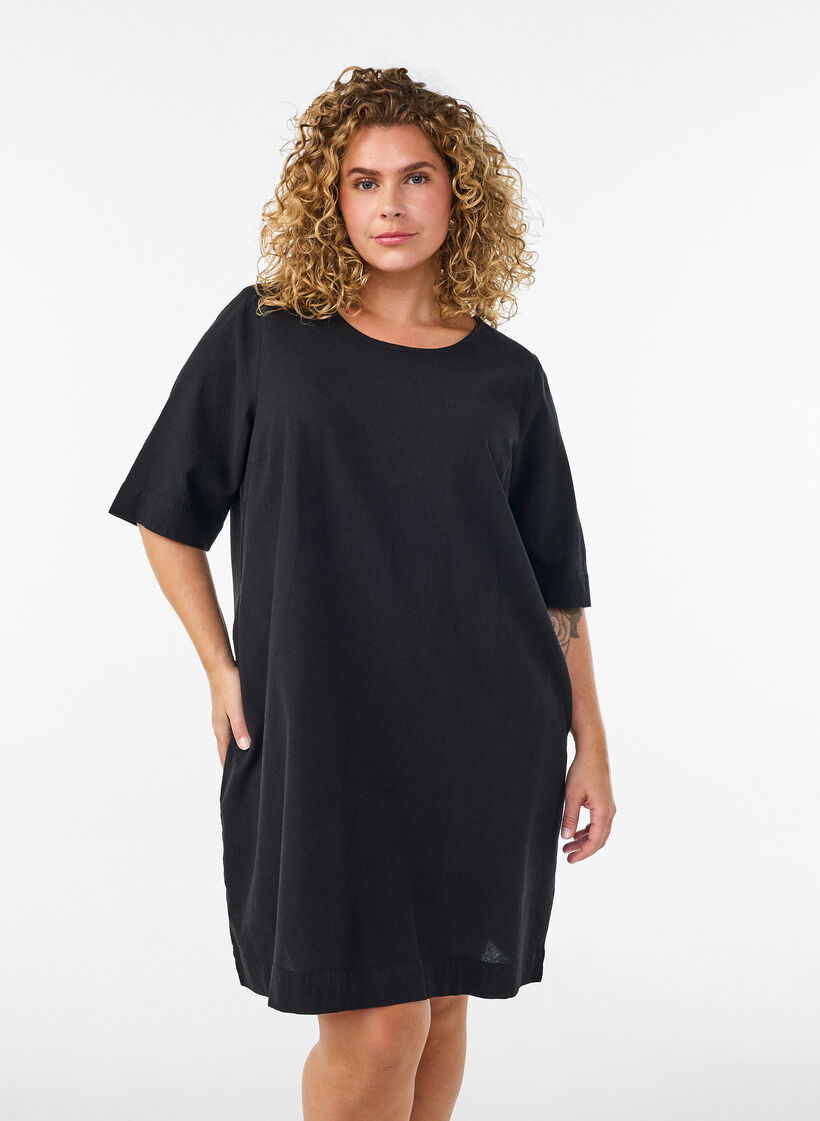 Robe en coton avec manches courtes et poches, Noir, Model image number 0