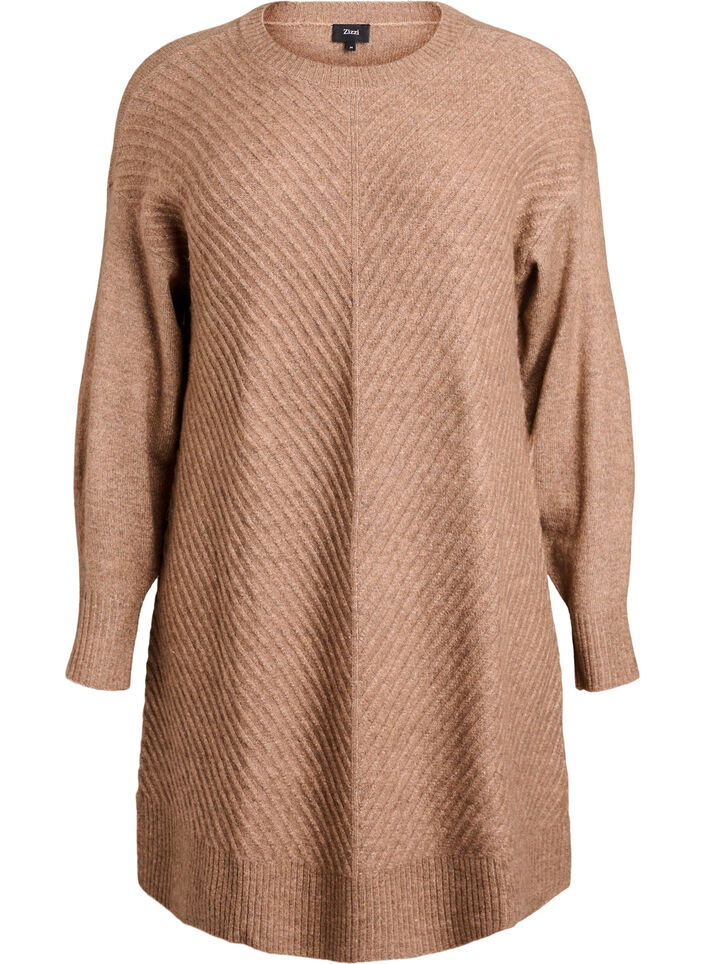 Robe courte en maille avec un motif textur&eacute; en V, Camel, Packshot image number 0