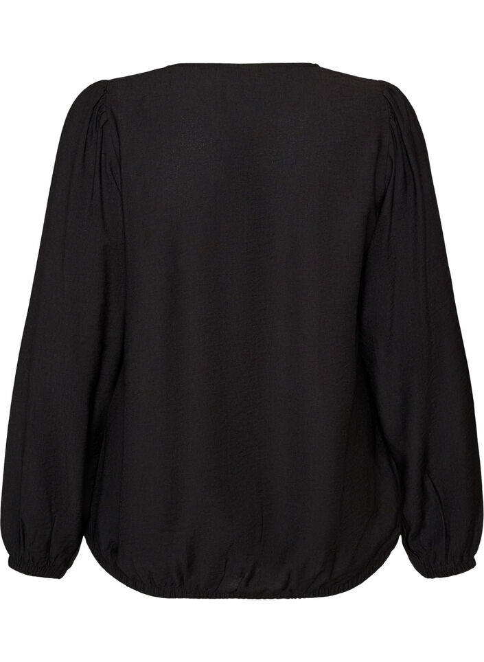 Blouse en viscose &agrave; col V et coupe ballon, Noir, Packshot image number 1