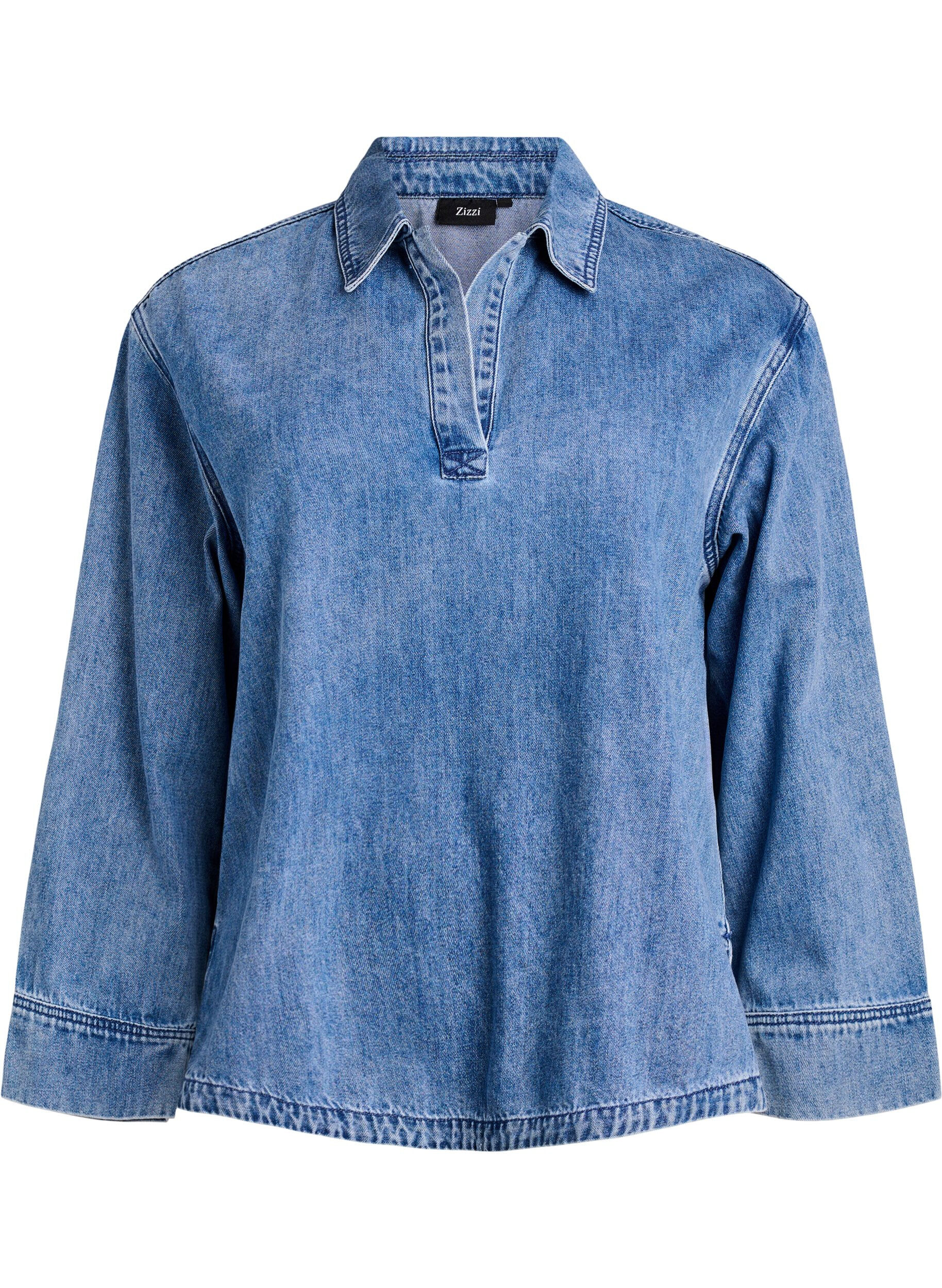 Blouse ample en jean avec col et d&eacute;collet&eacute; en V