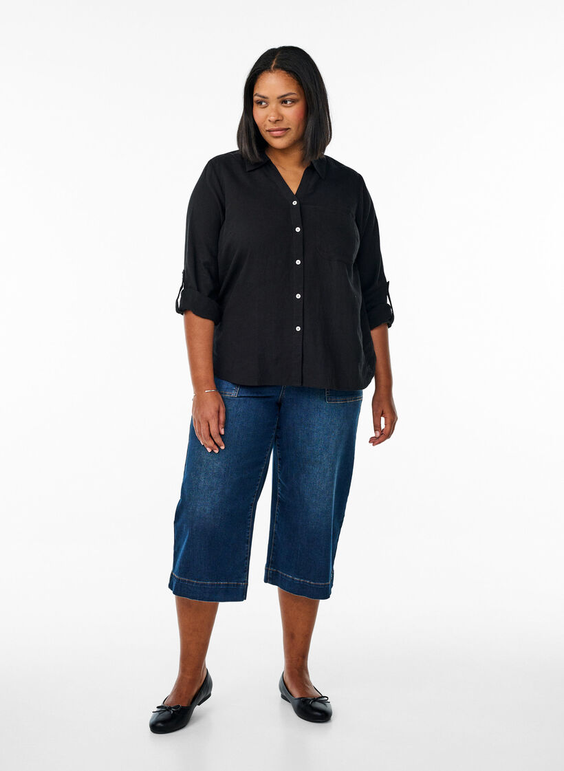 Chemise en lin et viscose avec manches 3/4, Noir, Model image number 1