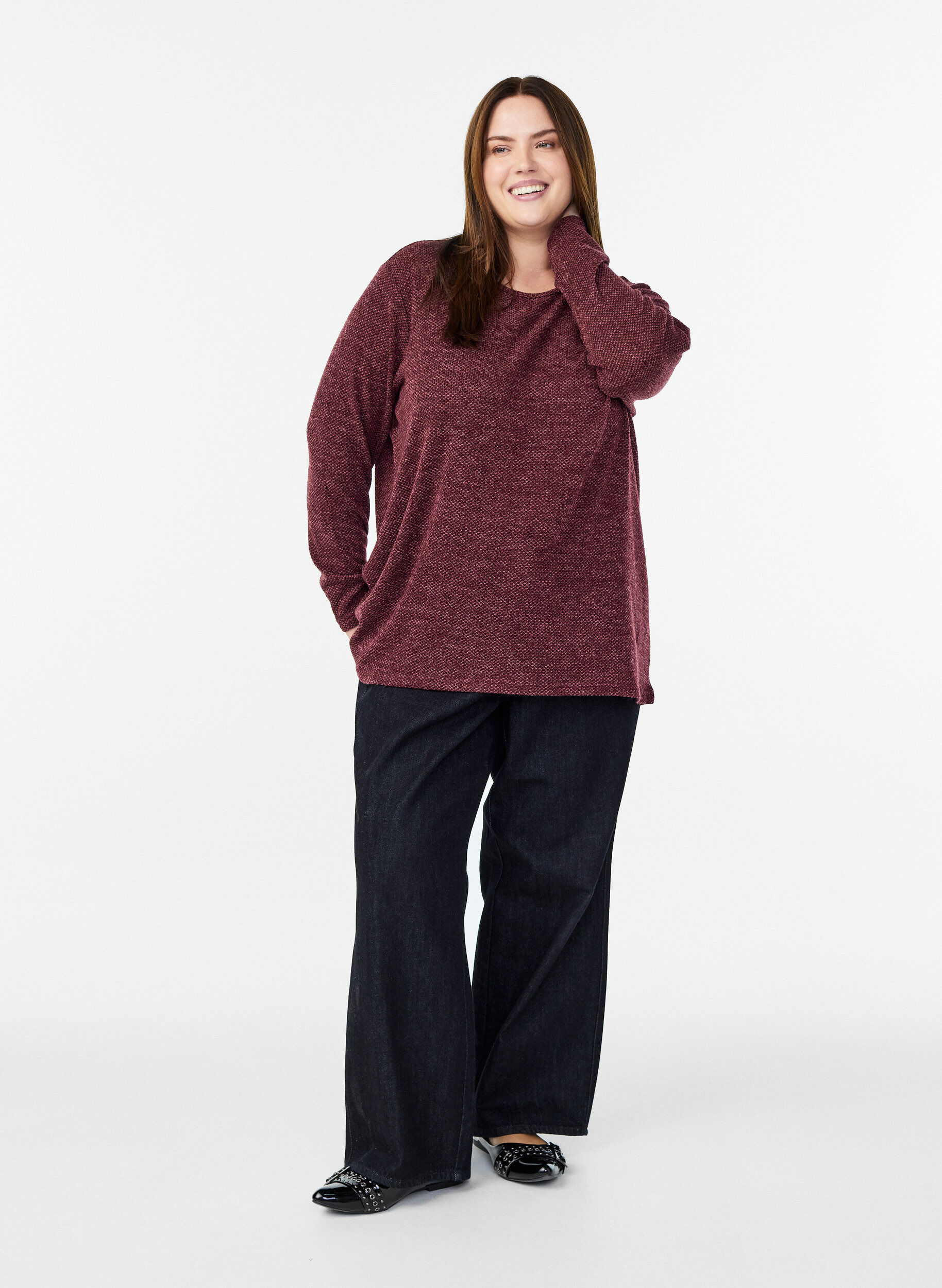 ZizziBlouse &agrave; manches longues avec texture, Bordeaux fonc&eacute;, Model image number 1