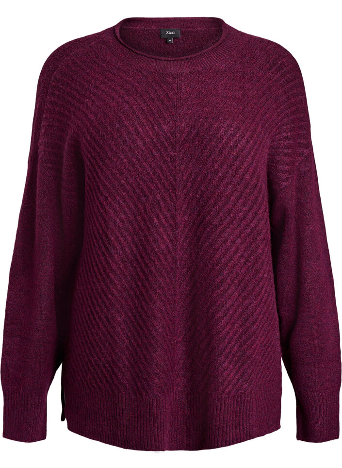 Blouse en maille avec motif c&ocirc;tel&eacute; en V et fentes, Violet, Packshot image number 0
