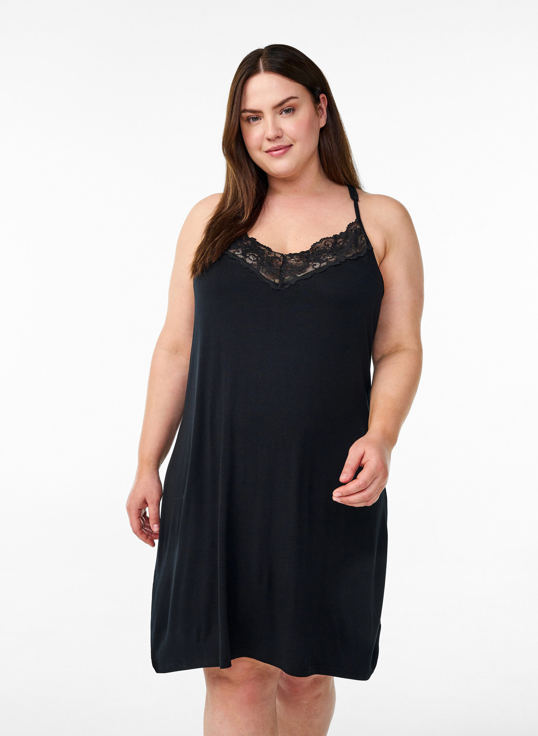 Zizzi Nuisette sans manches en viscose avec d&eacute;tails en dentelle, Noir, Model image number 0