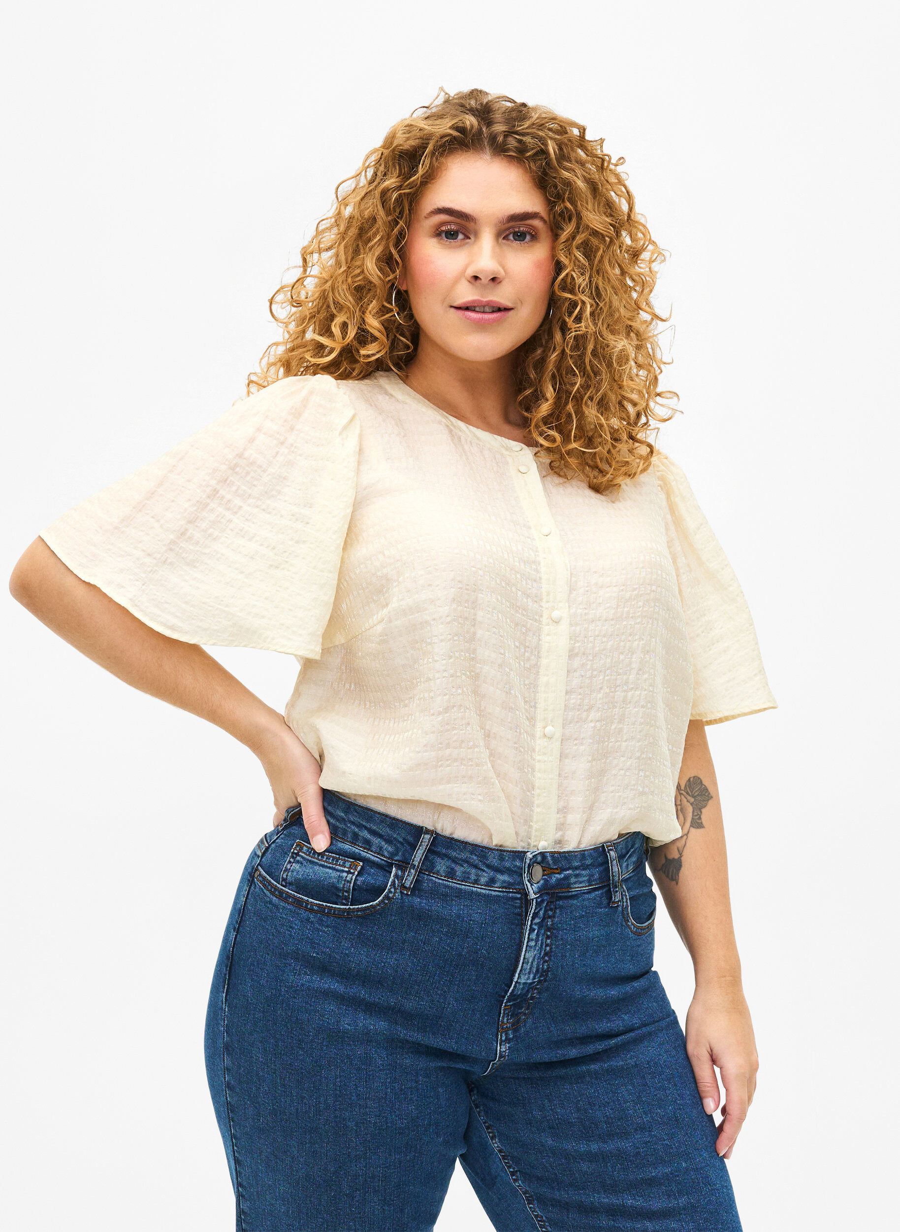 Zizzi  Chemisier en lyocell &agrave; texture, Antique White, Model image number 0