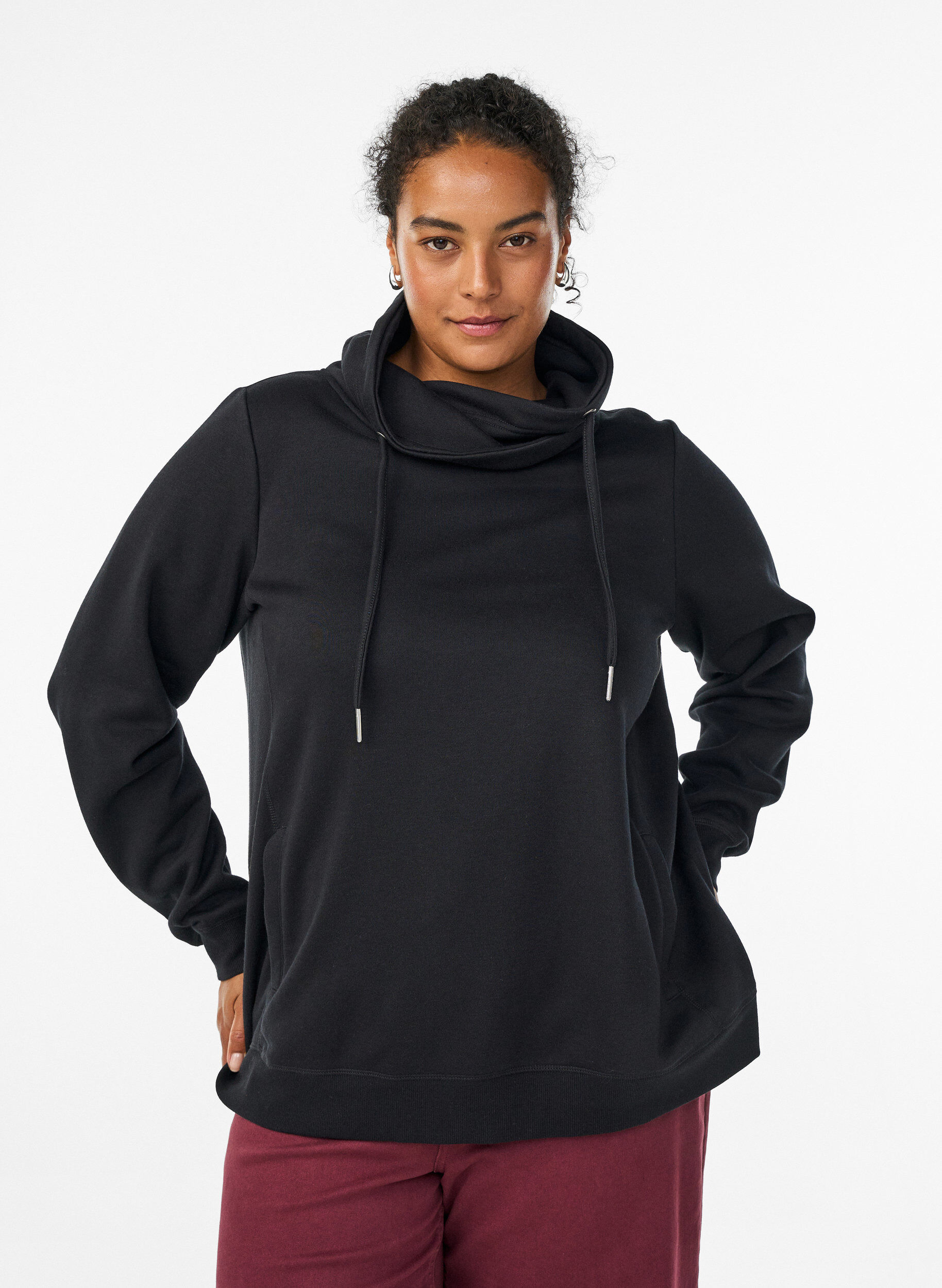 Sweat &agrave; col montant et poches, Noir, Model