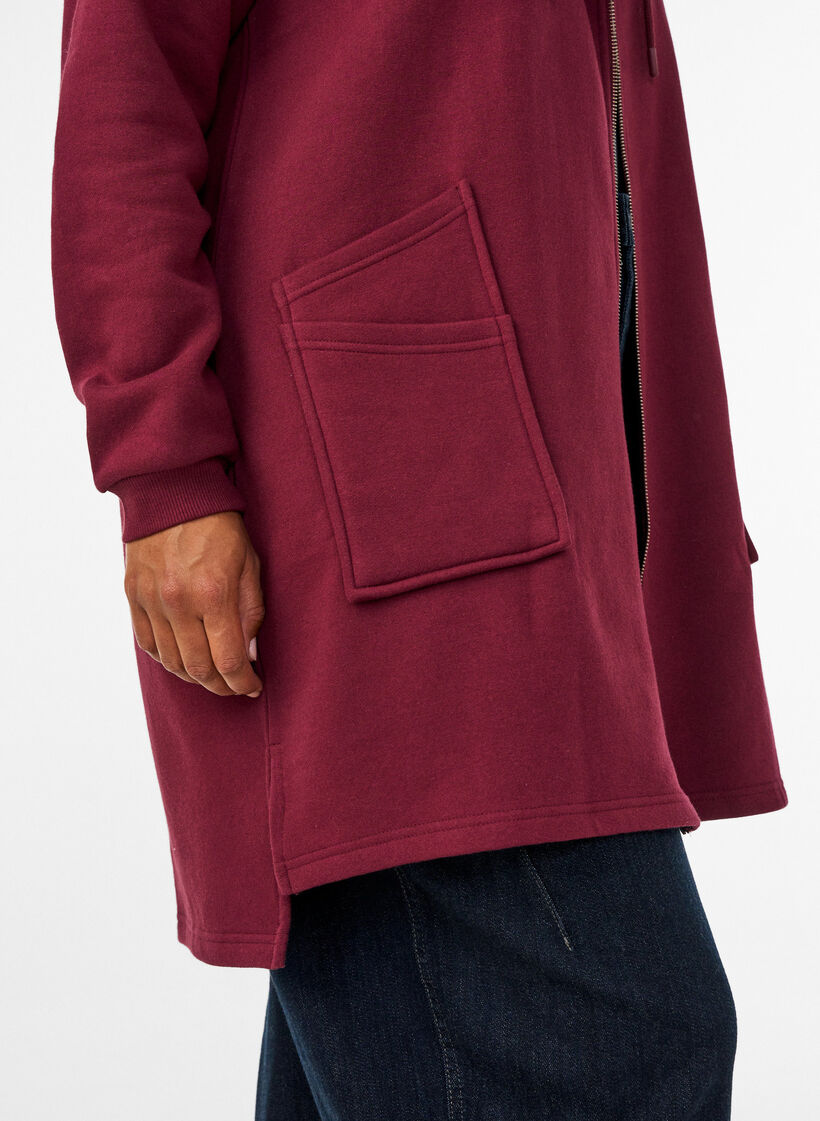 Cardigan long &agrave; capuche avec fermeture &eacute;clair, Bordeaux, Model image number 3