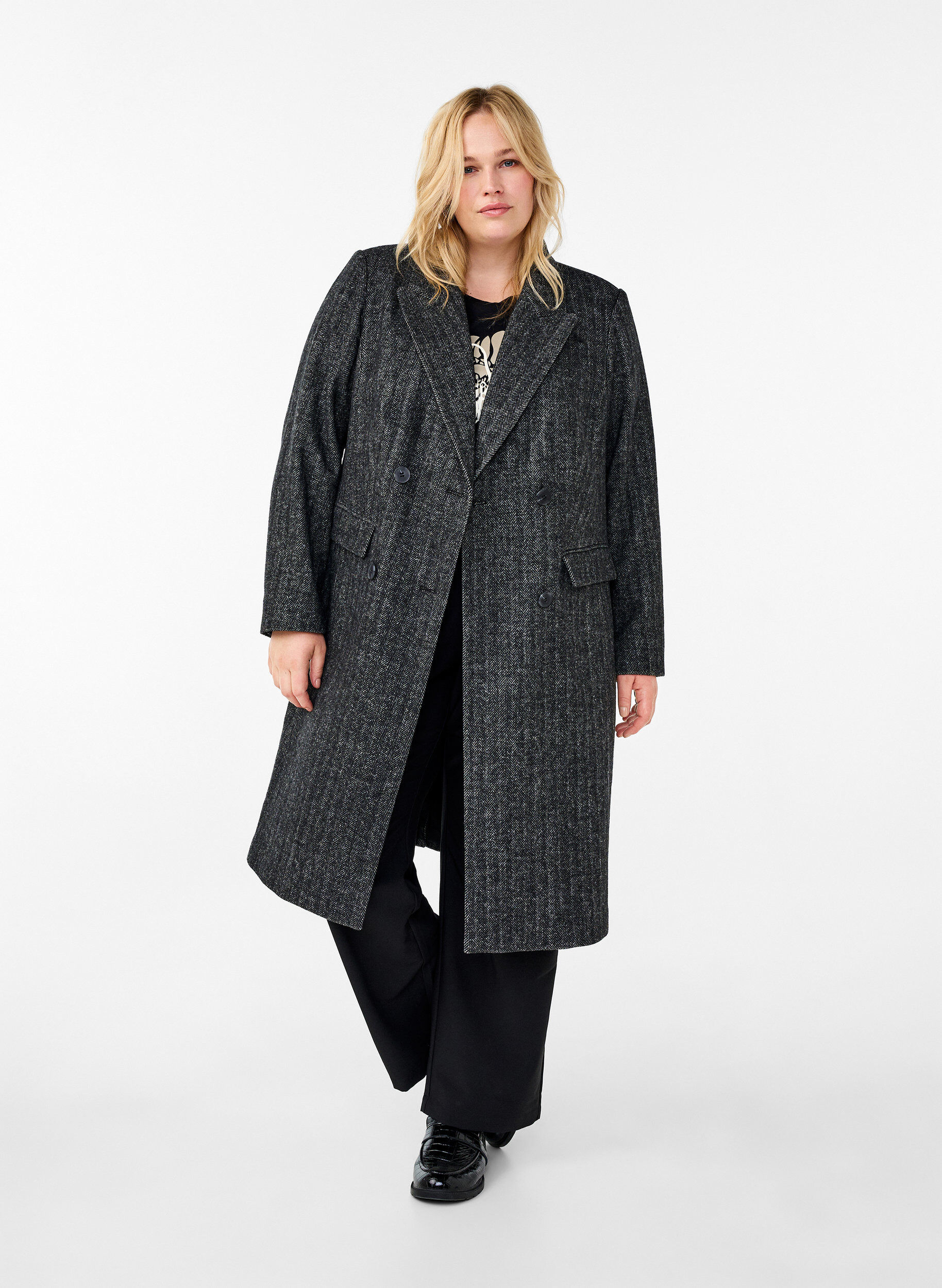 Zizzi Manteau long en laine &agrave; chevrons, Dark Grey Melange, Model image number 2