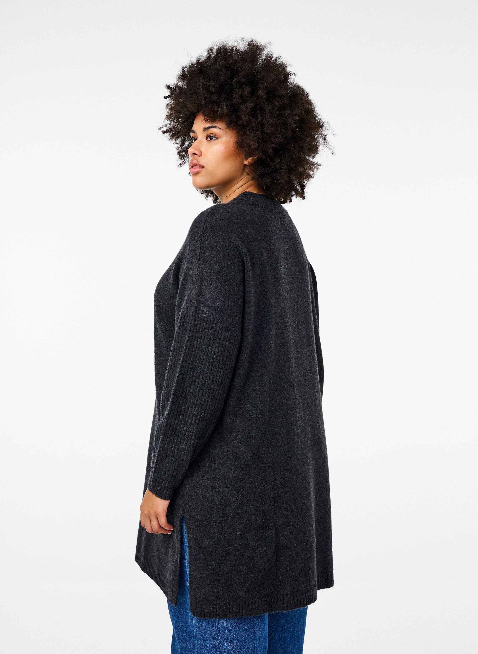 Zizzi Long chemisier tricot&eacute; &agrave; manches longues, Dark Grey Melange, Model image number 1