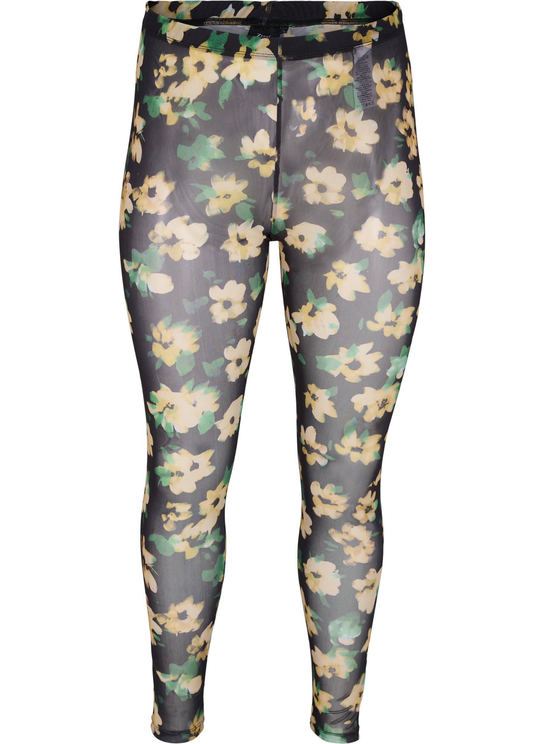 Zizzi Leggings en mesh avec imprim&eacute; floral, Yellow Green AOP, Packshot image number 0
