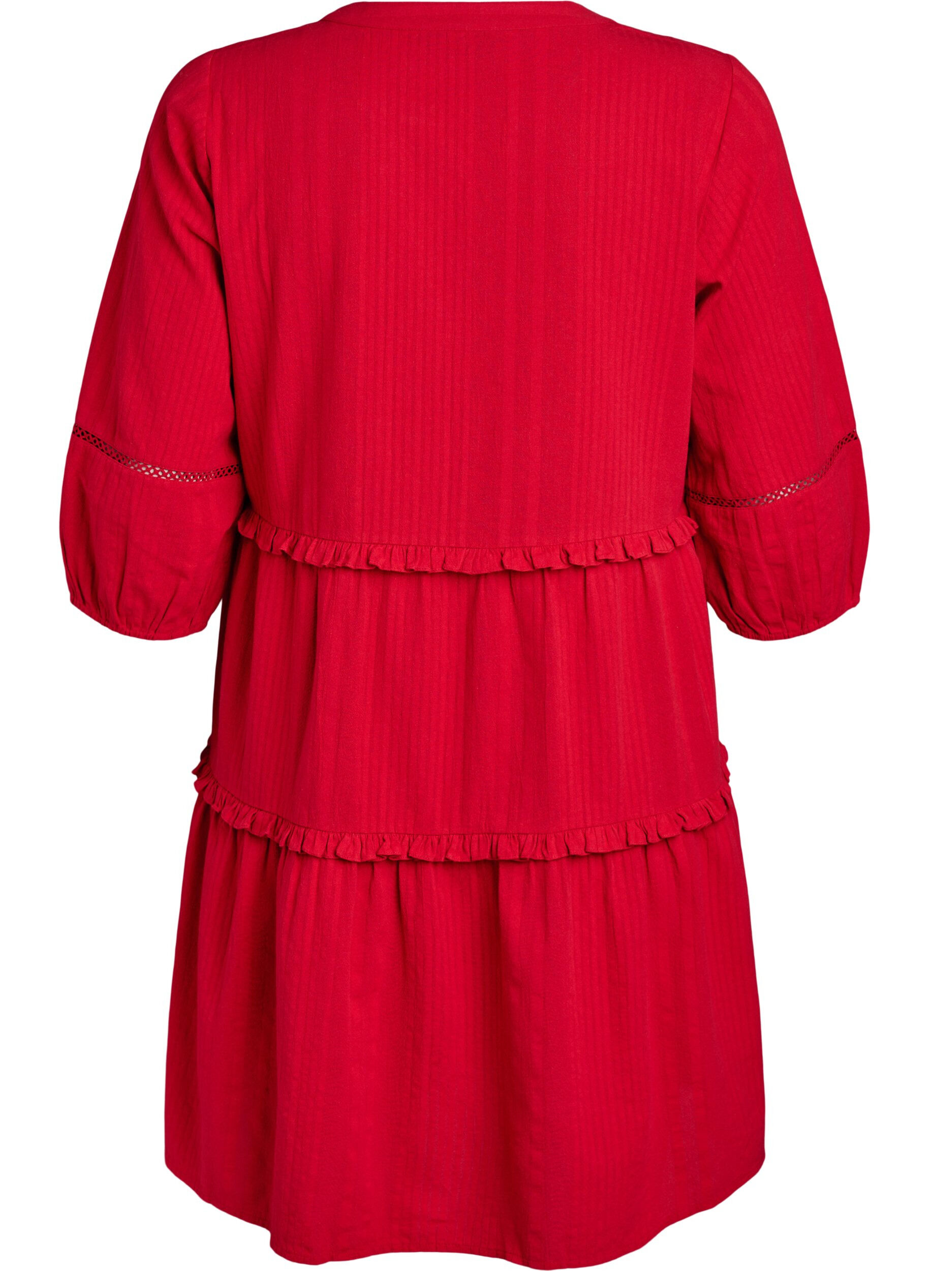 Zizzi Robe en coton &agrave; manches&nbsp;3/4 avec volants, Rouge, Packshot image number 1