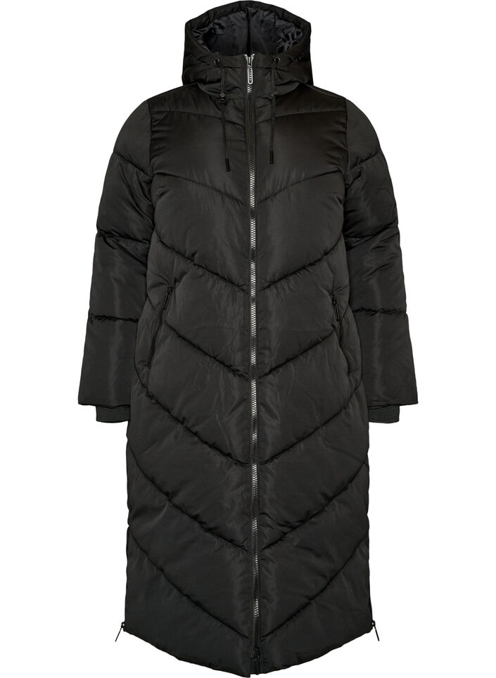 Doudoune longue avec capuche et poches, Noir, Packshot image number 0