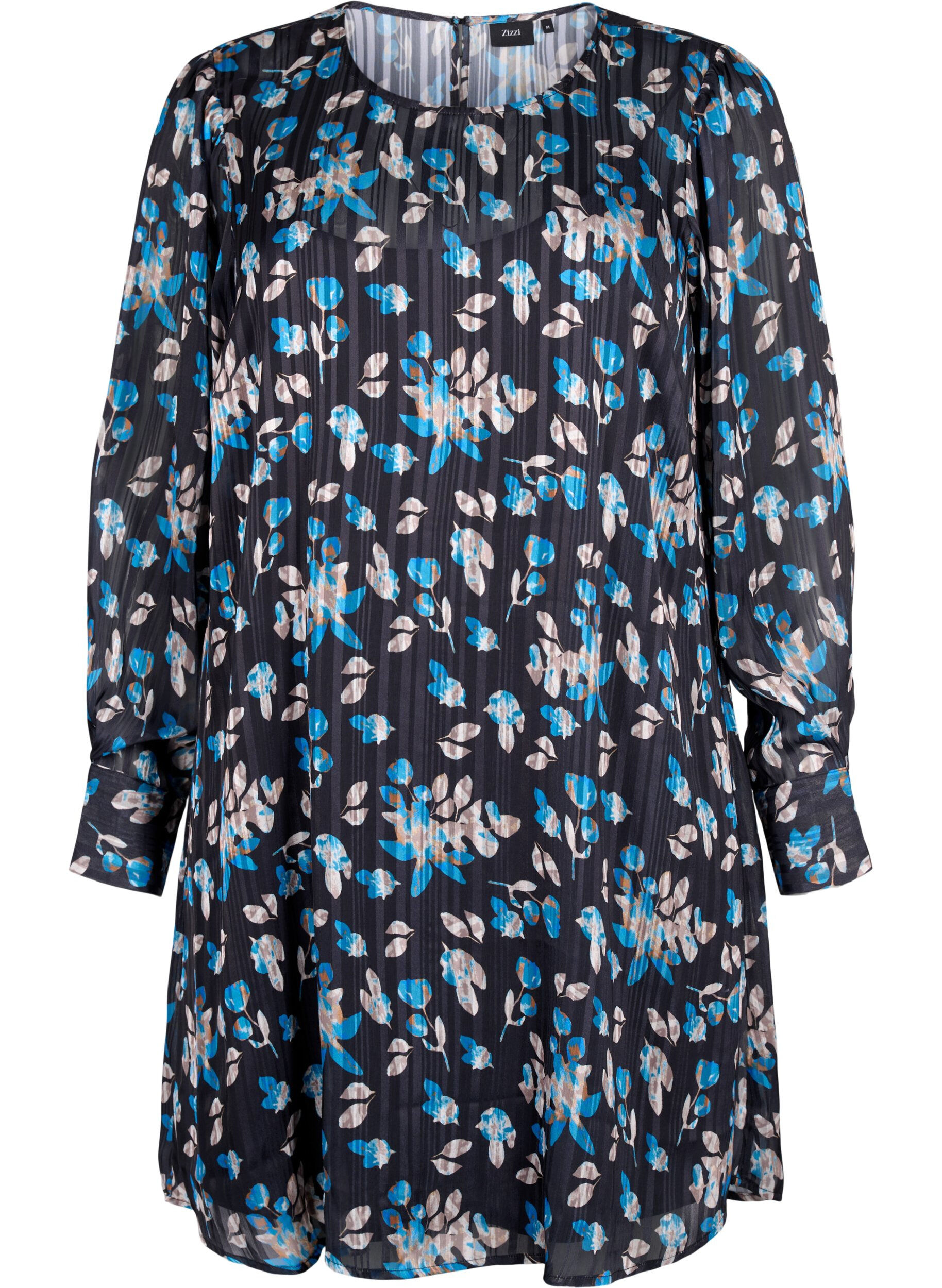 Zizzi Robe courte imprim&eacute;e &agrave; col rond, Black Blue Fl. AOP, Packshot image number 0