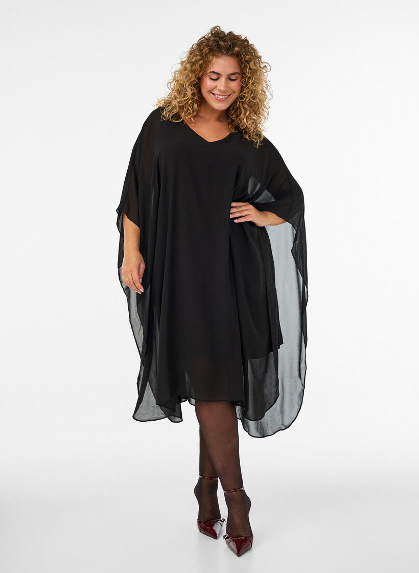 Robe courte en mousseline avec col en V, Noir, Model image number 0