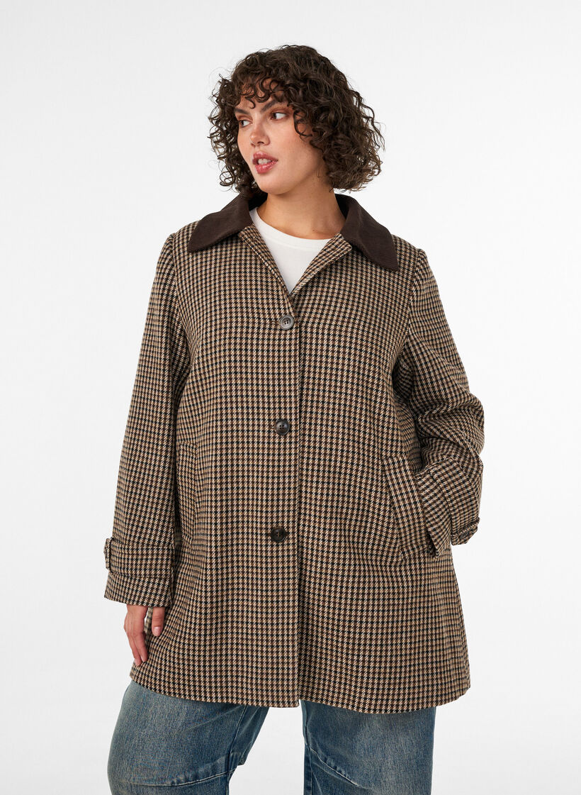 Manteau &agrave; carreaux avec col en velours c&ocirc;tel&eacute;, Marron, Model image number 0