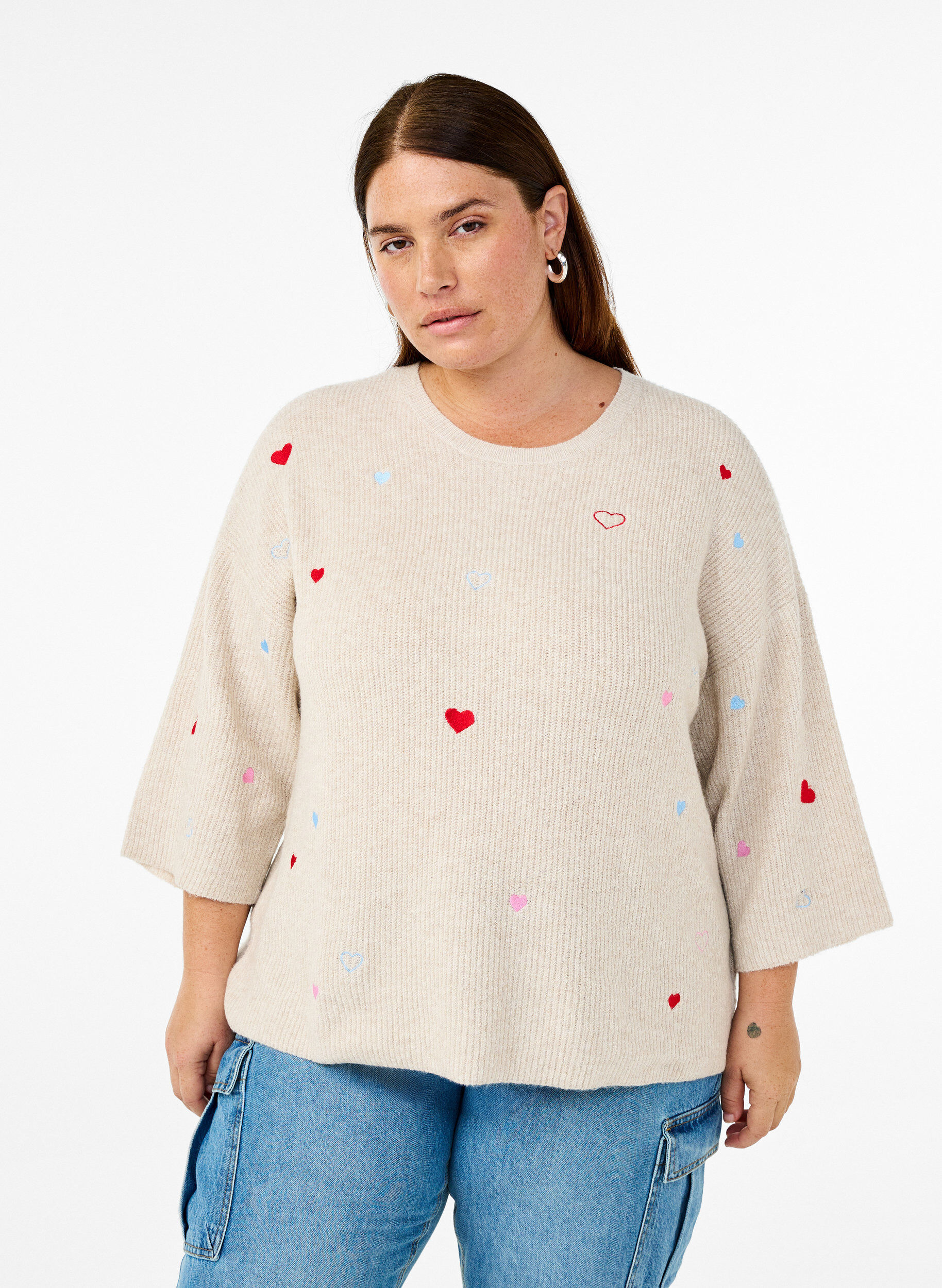 Chemisier en jersey avec des c&oelig;urs et manches 3/4, Beige, Model