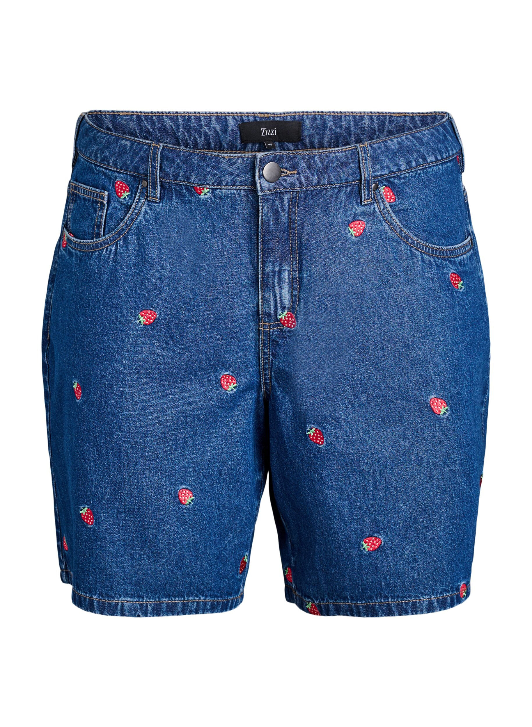 Zizzi Shorts en jean avec fraises brod&eacute;es, Bleu, Packshot image number 0