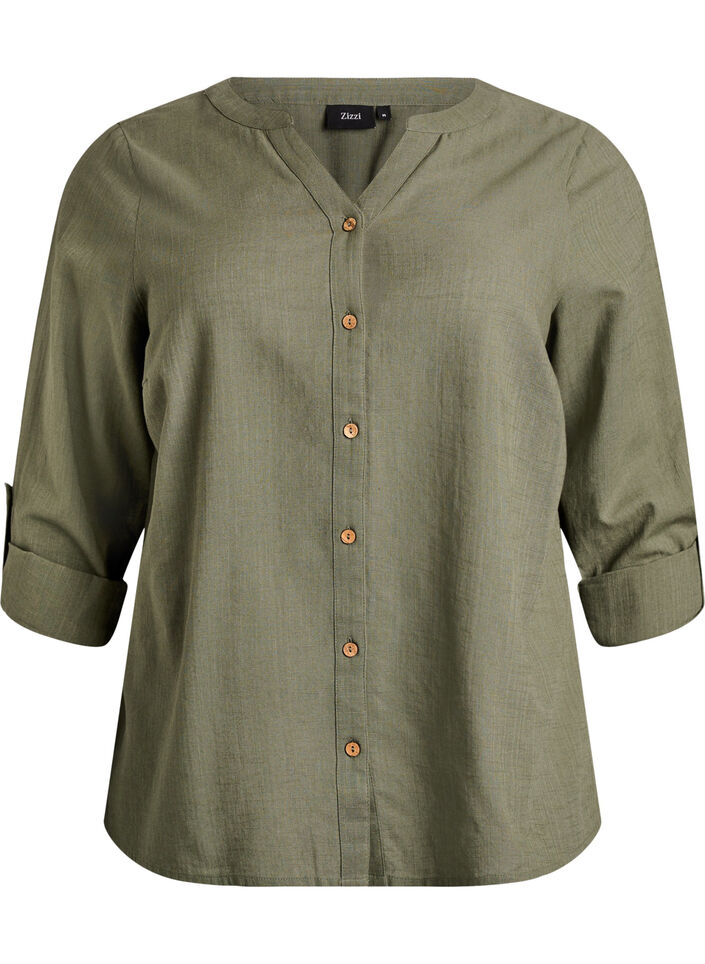 Chemisier en coton avec col en V, Vert, Packshot image number 0