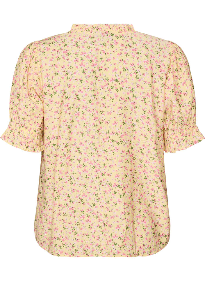 Blouse fleurie en viscose &agrave; manches courtes et col &agrave; volants, Jaune, Packshot image number 1