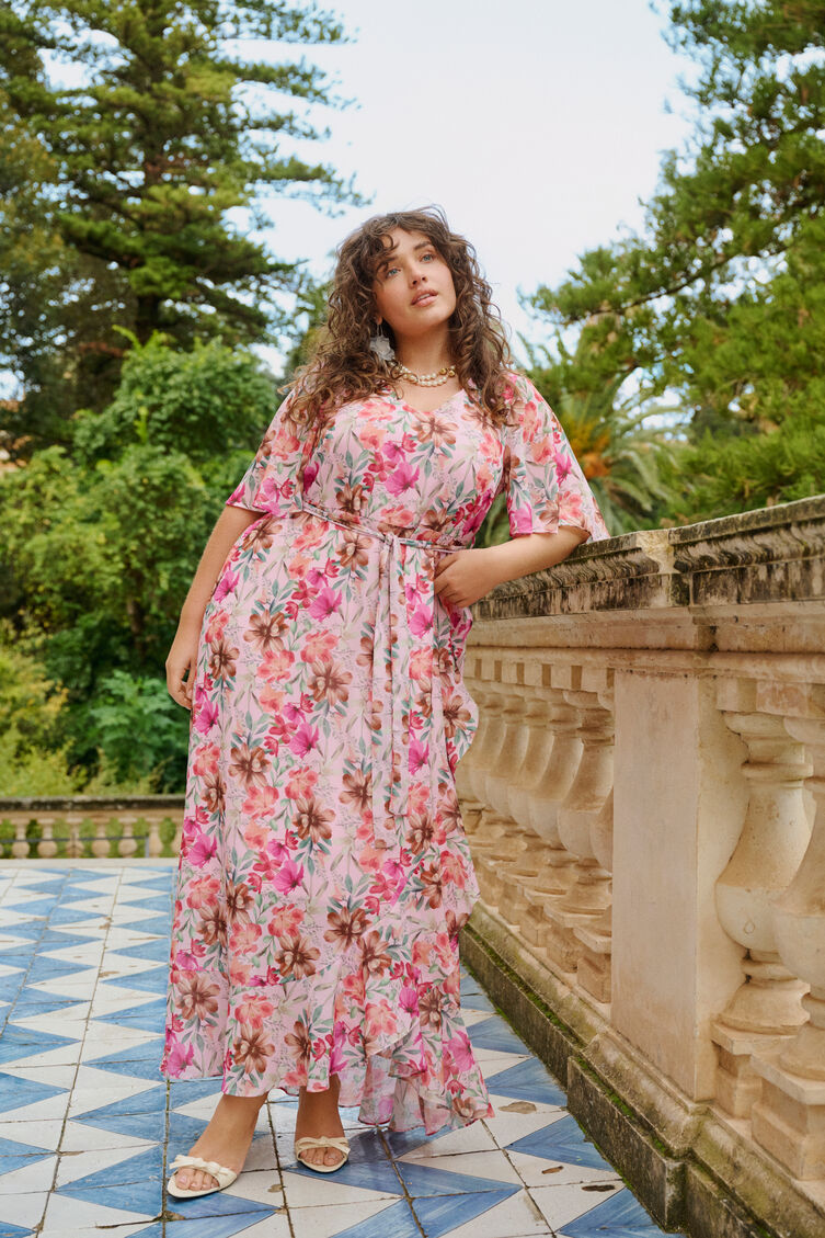 Robe fleurie avec encolure en V, , Model