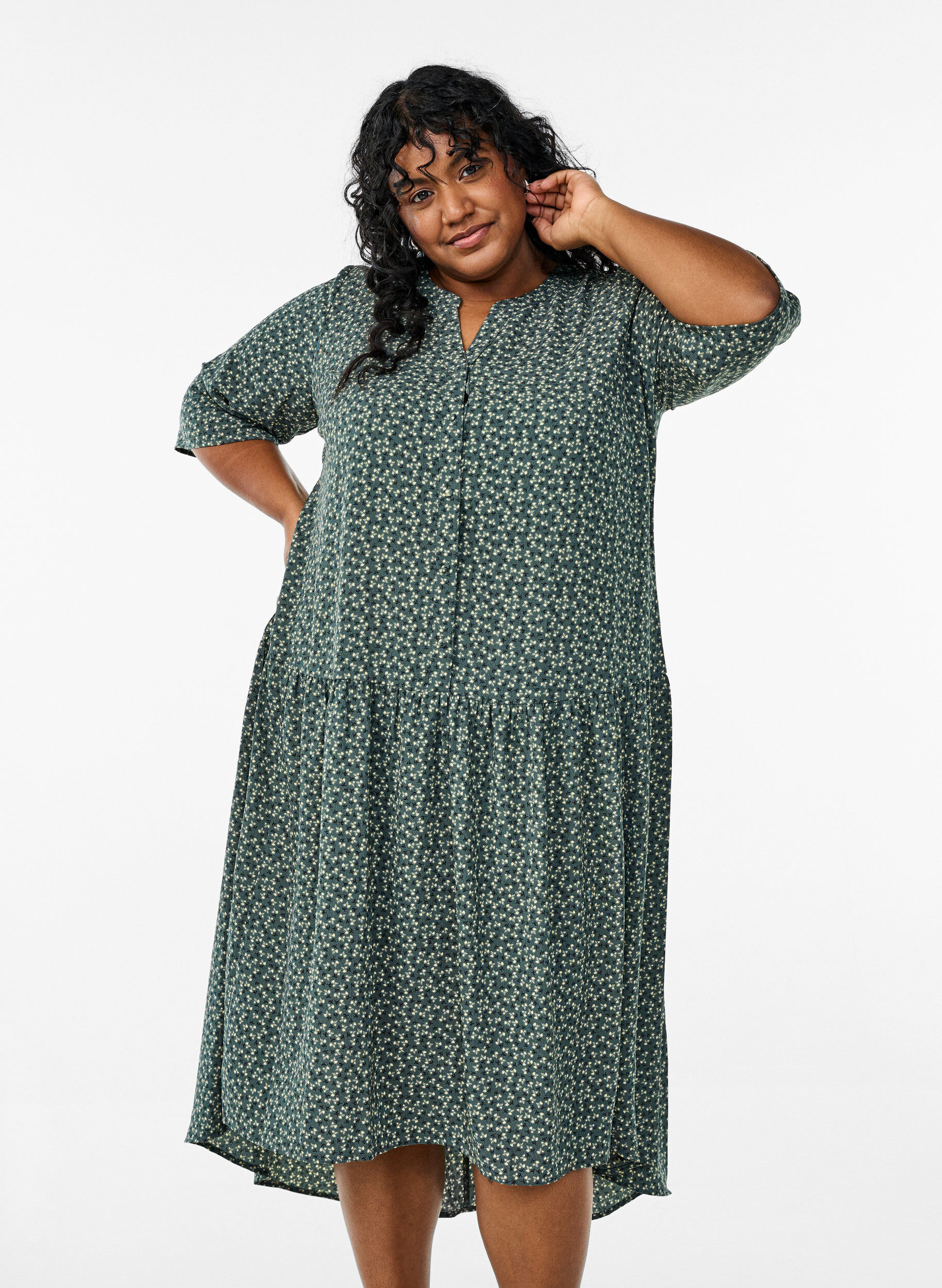 Zizzi Robe midi de forme A avec manches courtes, Vert fonc&eacute;, Model image number 0