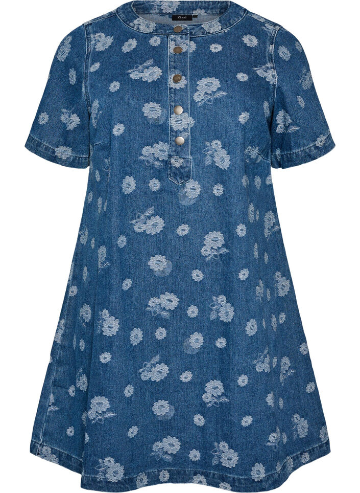 Robe en jean coupe &eacute;vas&eacute;e &agrave; motif floral, Bleu, Packshot image number 0