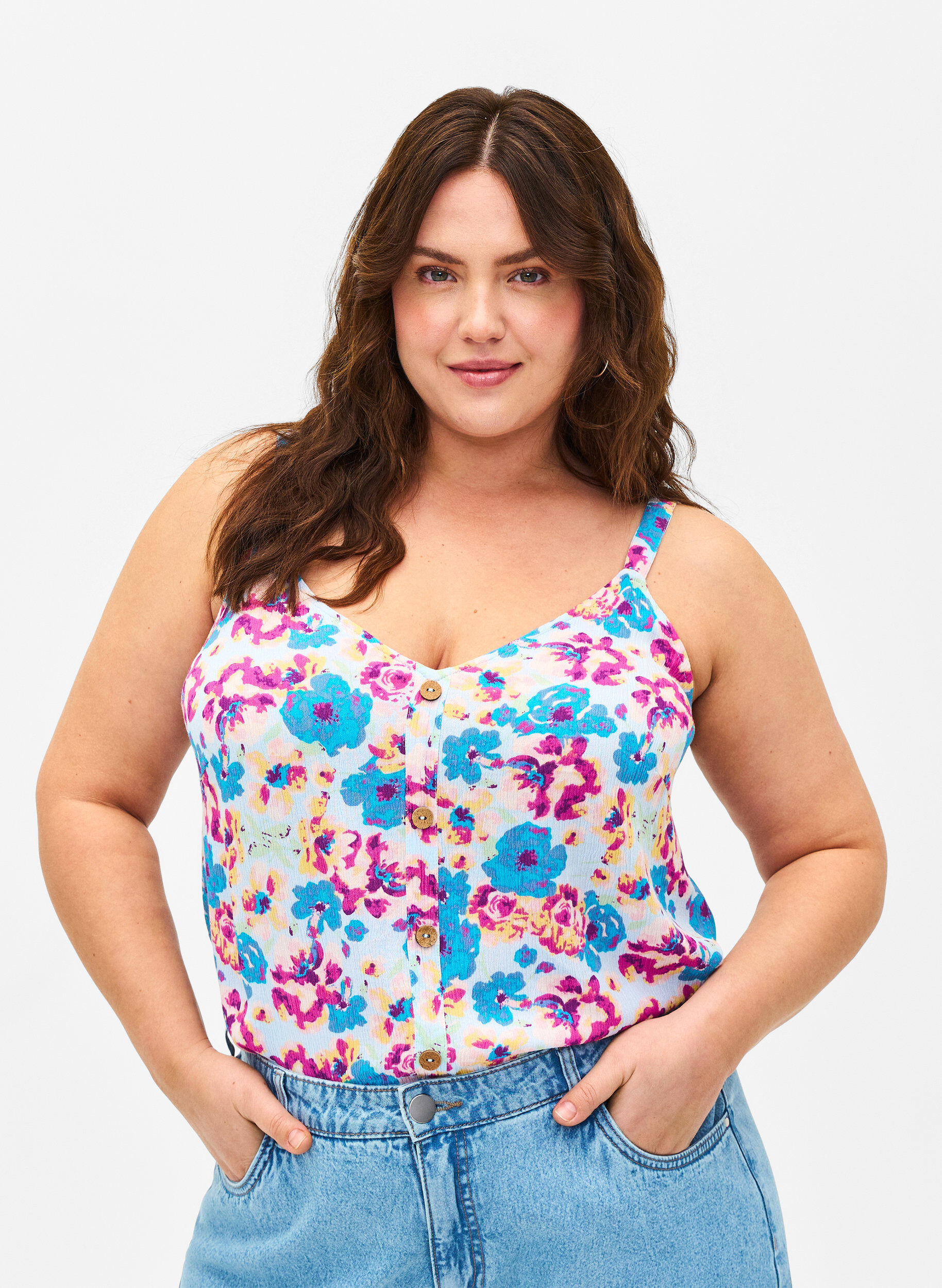 Zizzi Top &agrave; bretelles fleuri en viscose, Multi Flower AOP, Model image number 0