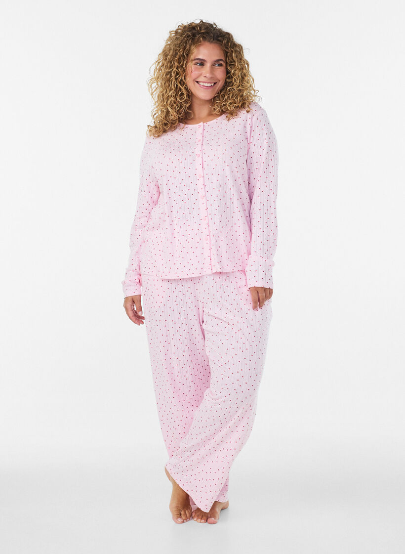Pantalon de pyjama en coton biologique avec broderie ajour&eacute;e, Rose, Model image number 0