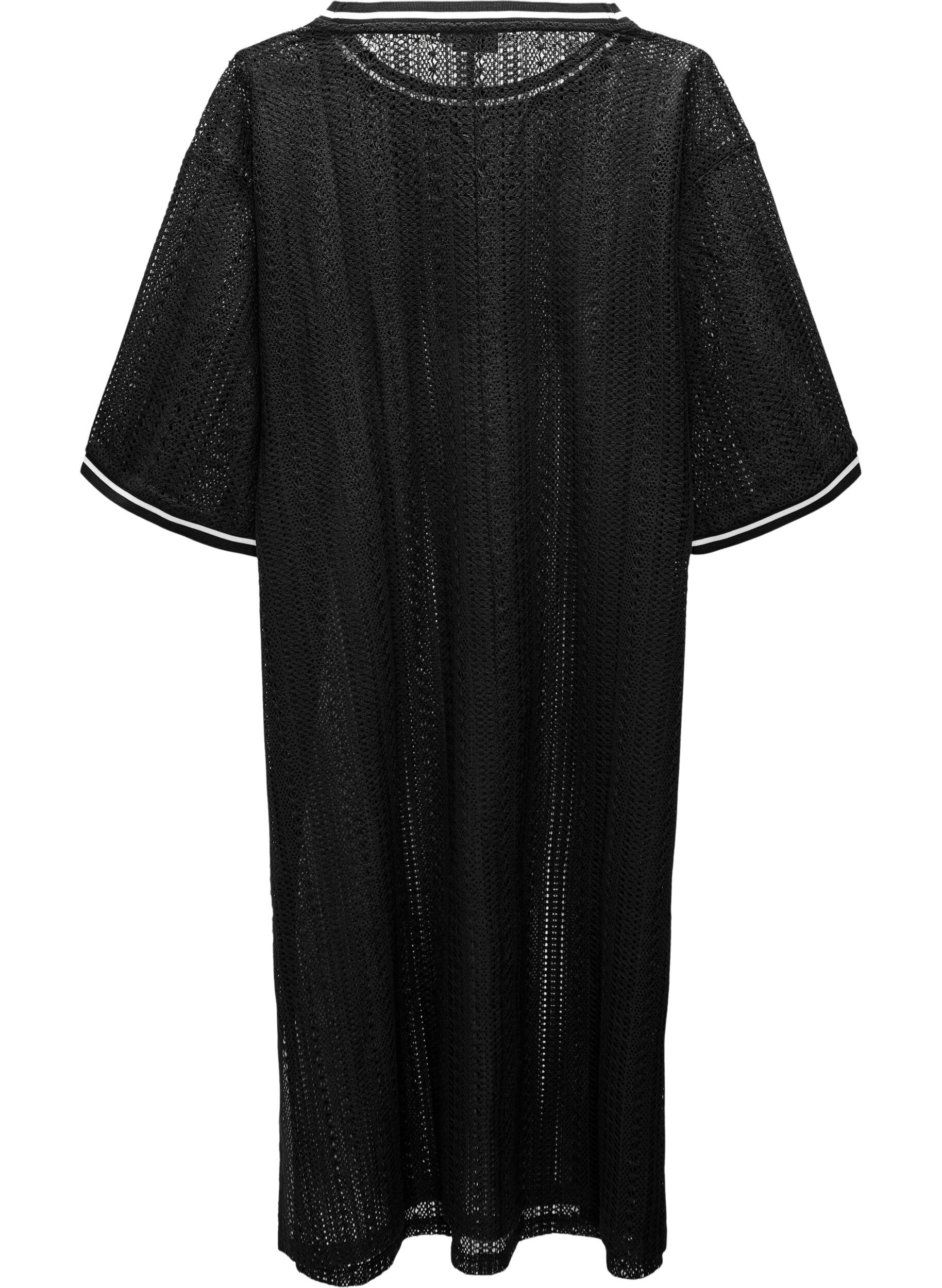 Zizzi Robe mi-longue avec motif ajour&eacute; et manches courtes, Noir, Packshot image number 1