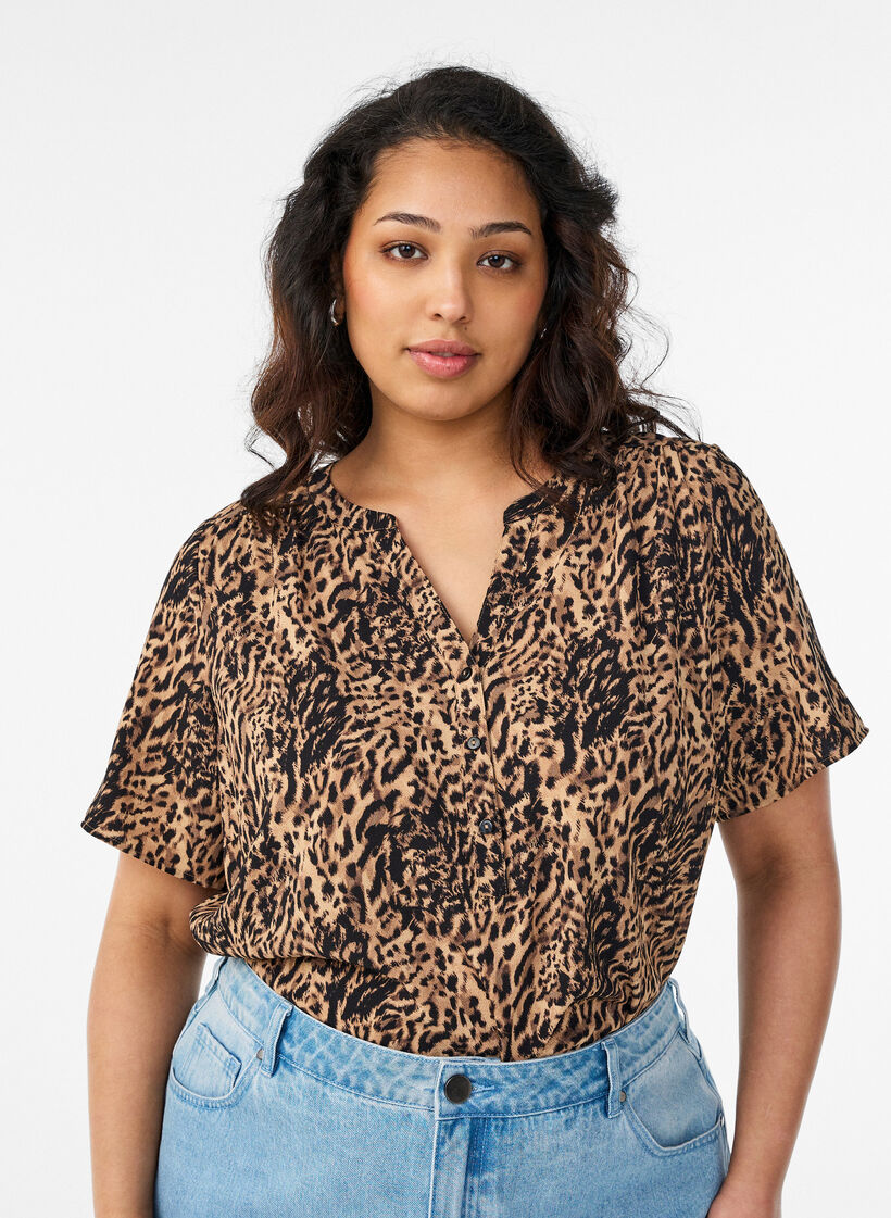 Blouse &agrave; manches courtes et encolure en V, Marron, Model image number 0