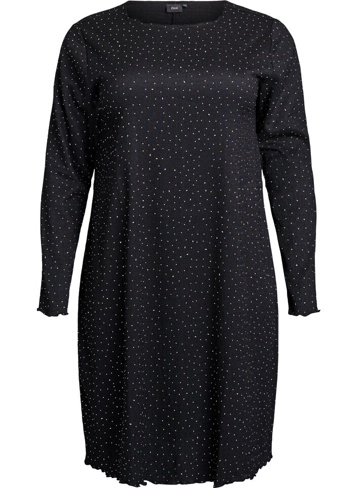 Robe avec strass et bords festonnés, Noir, Packshot