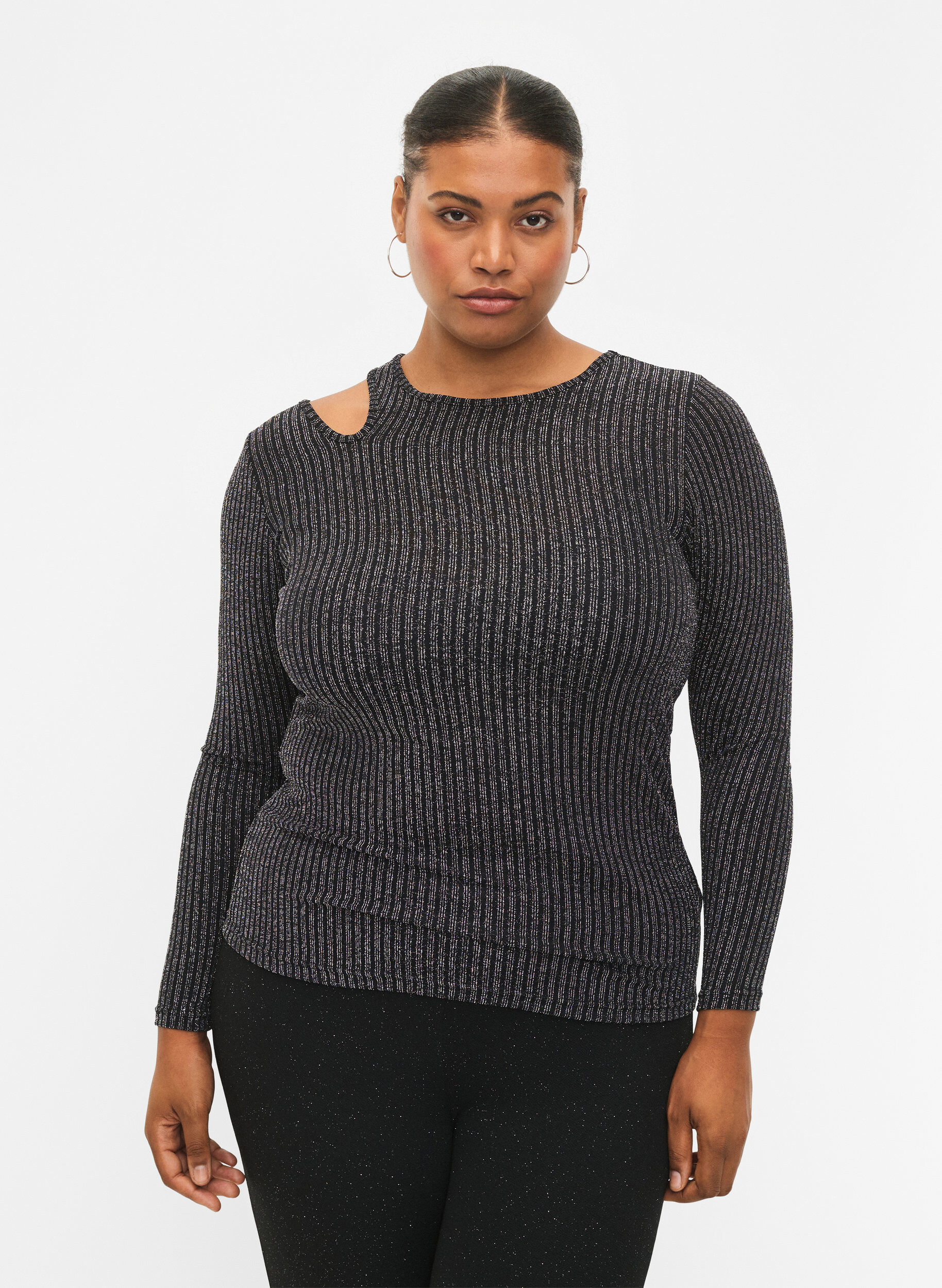 Zizzi Blouse &agrave; manches longues avec d&eacute;coupe et paillettes, B. w. Silver Stripes, Model image number 0