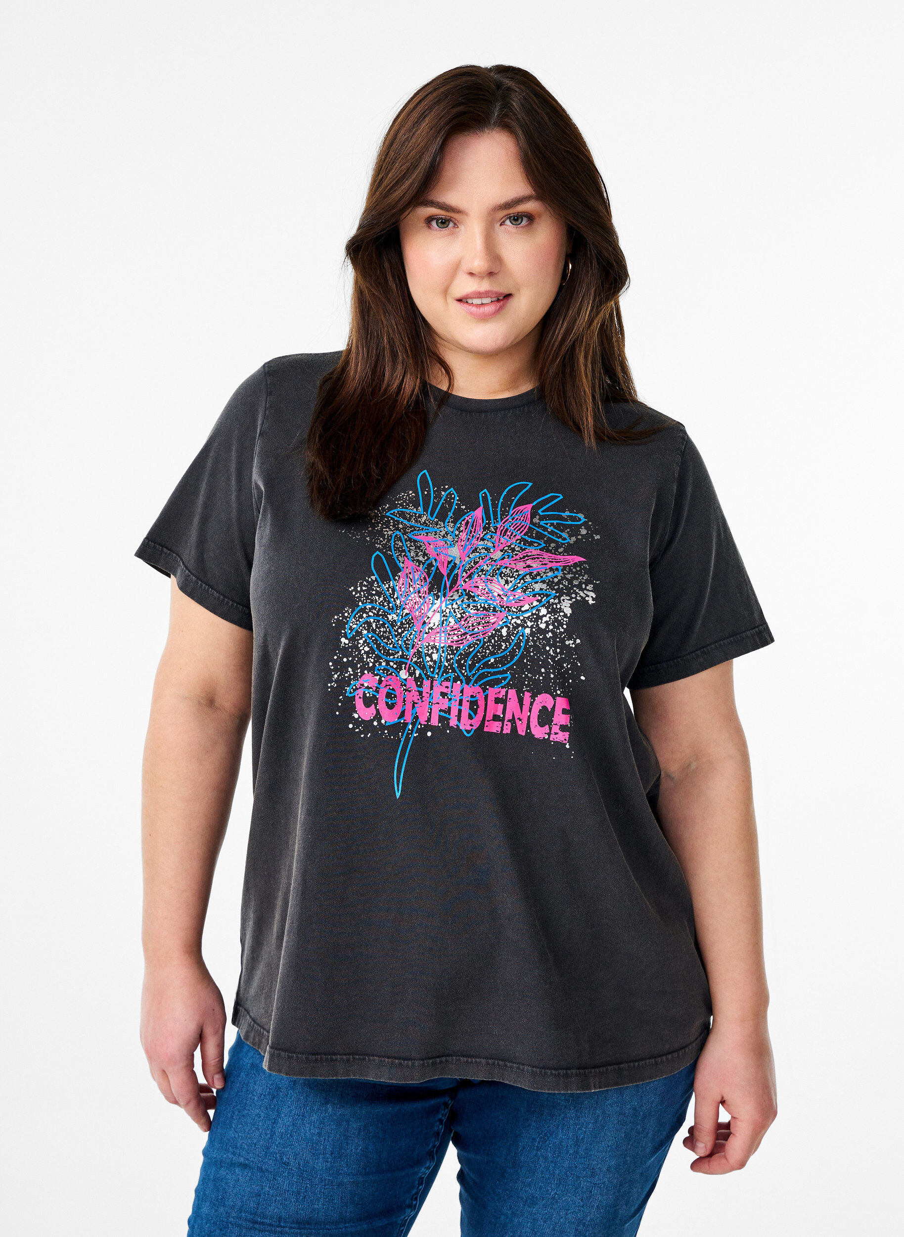 Zizzi T-shirt en coton biologique avec une impression cool, Gris anthracite, Model image number 0